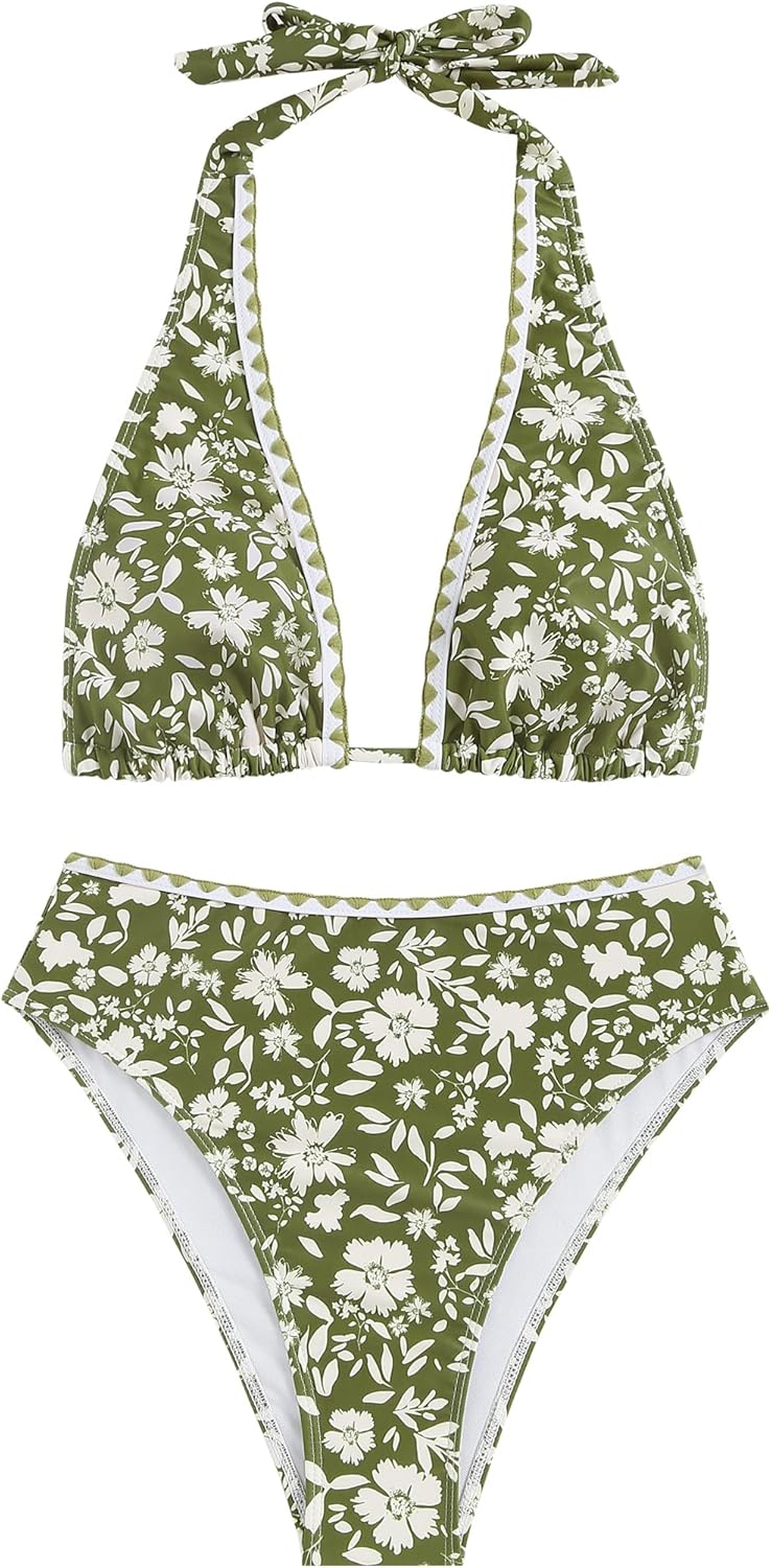 ZAFUL Brazilian Bikini Tops for Women High Cut Bathing Suit for Women 2 Piece Bikini Boho Swimsuit for Women 2024 Trendy M Army Green