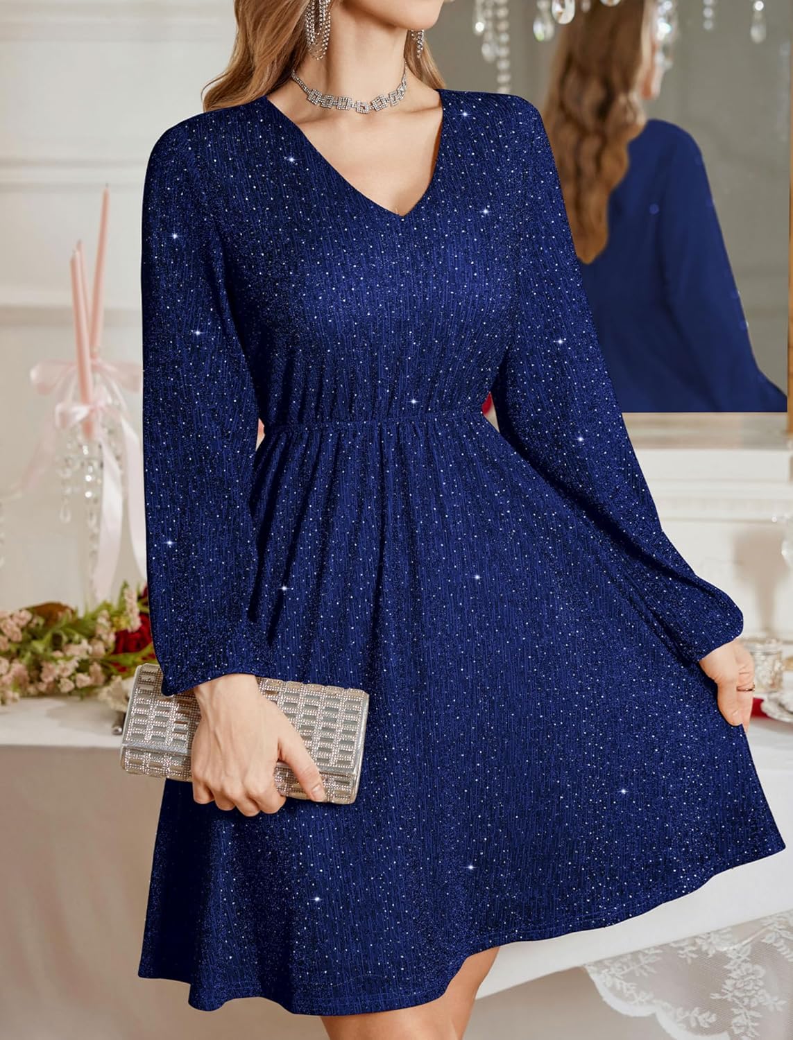 ZAFUL Elegant Fall Wedding Guest Dresses for Women Sparkly Glitter Mini Semi Formal Long Sleeve Cocktail Work Birthday Date Night Winter High Waist Dress 2025 Navy Blue Medium