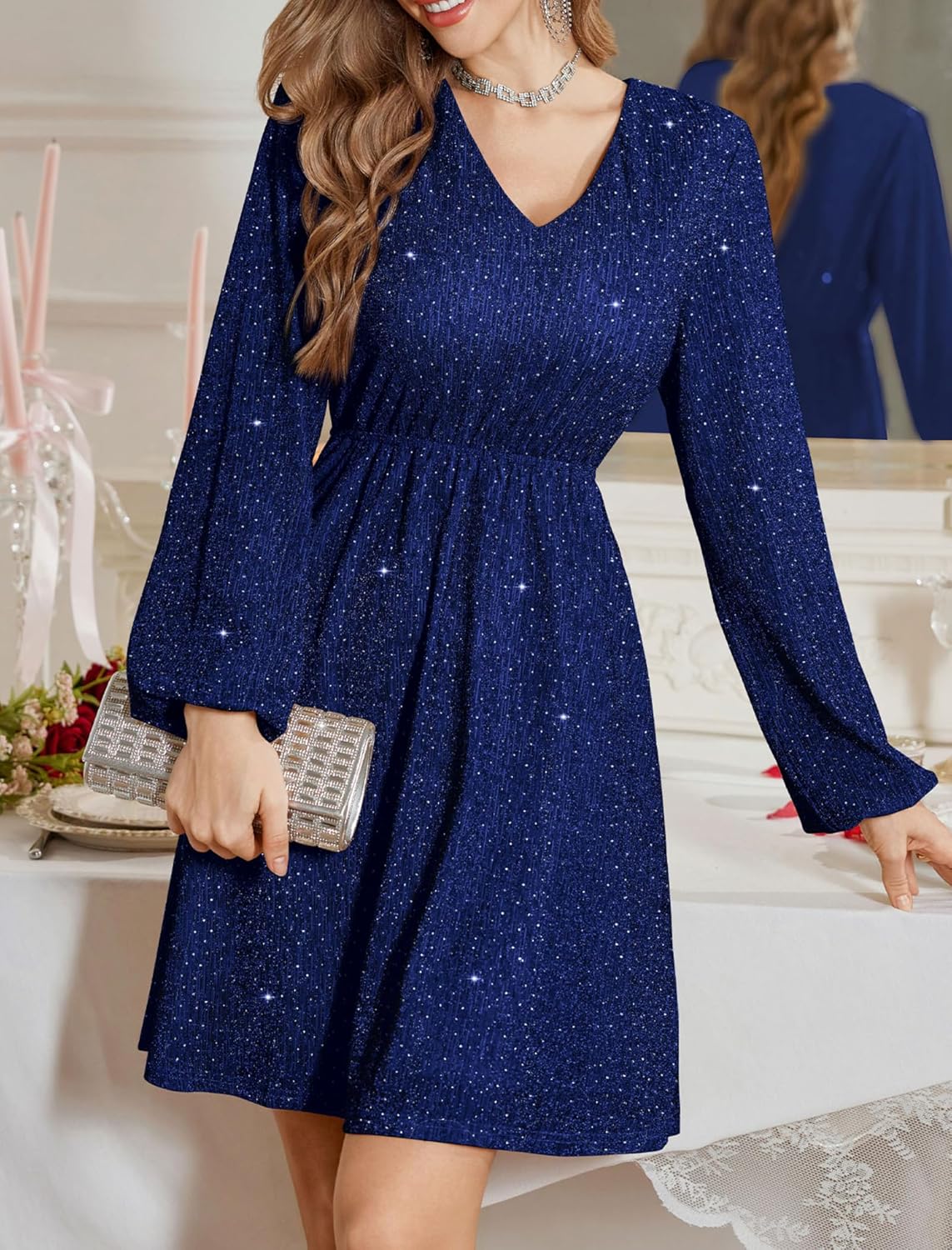 ZAFUL Elegant Fall Wedding Guest Dresses for Women Sparkly Glitter Mini Semi Formal Long Sleeve Cocktail Work Birthday Date Night Winter High Waist Dress 2025 Navy Blue Medium