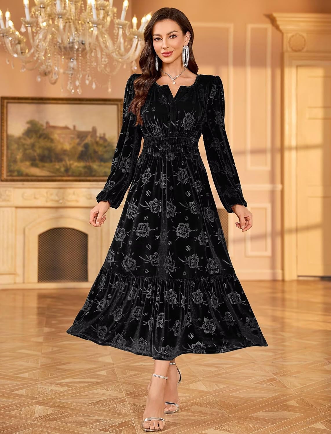 ZAFUL Fall Wedding Guest Dresses for Women Velvet Maxi Dress Long Sleeve V Neck Formal Cocktail Party Dresses Black M
