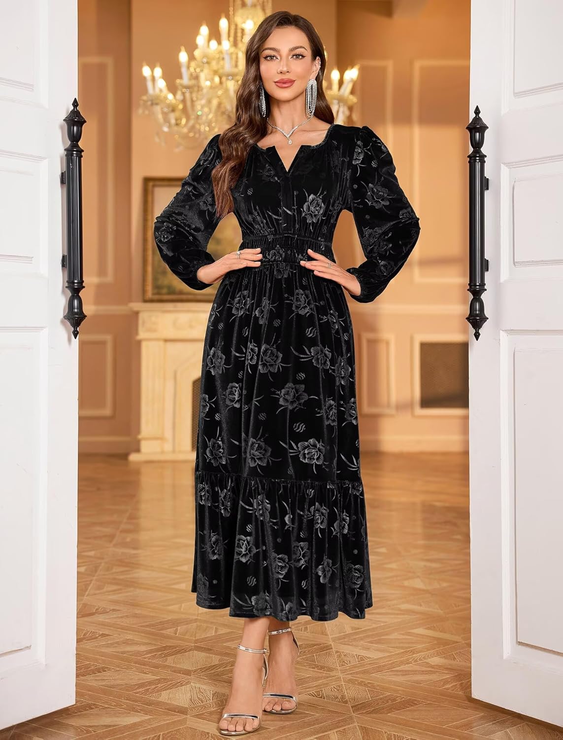 ZAFUL Fall Wedding Guest Dresses for Women Velvet Maxi Dress Long Sleeve V Neck Formal Cocktail Party Dresses Black M