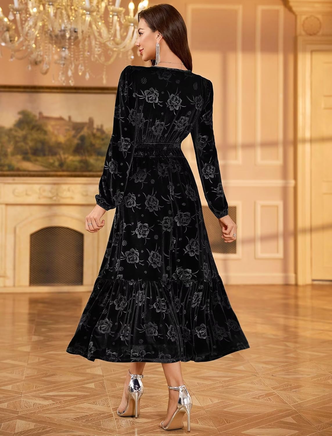 ZAFUL Fall Wedding Guest Dresses for Women Velvet Maxi Dress Long Sleeve V Neck Formal Cocktail Party Dresses Black M