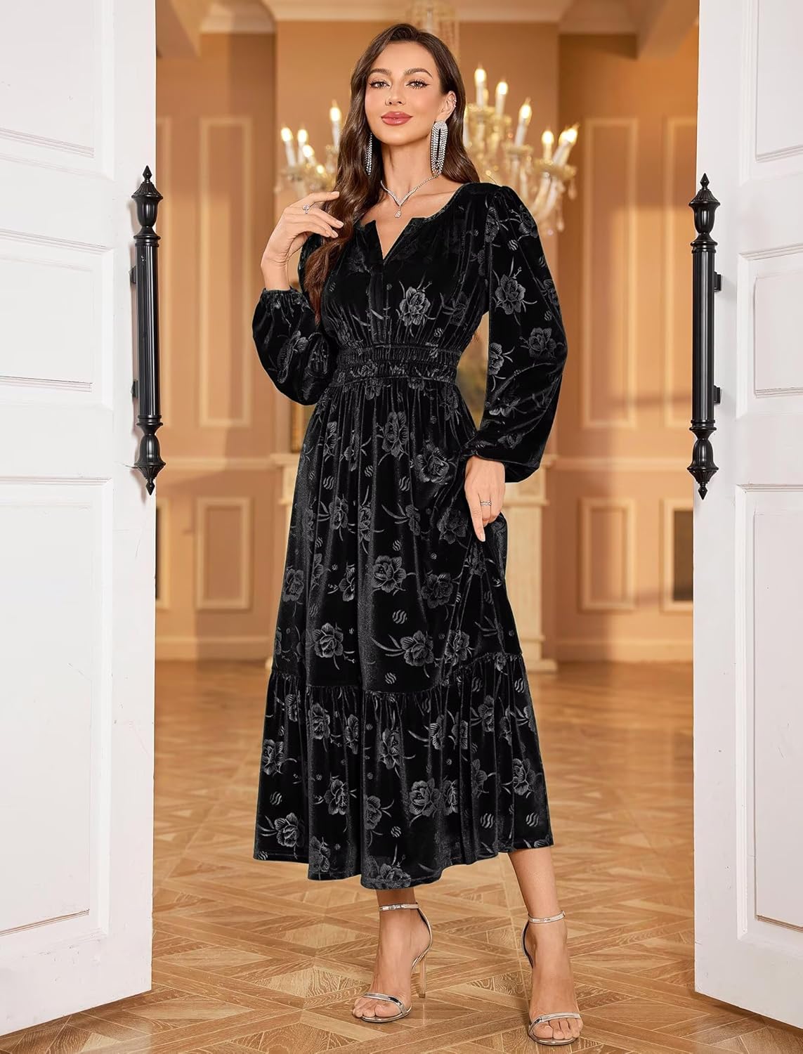 ZAFUL Fall Wedding Guest Dresses for Women Velvet Maxi Dress Long Sleeve V Neck Formal Cocktail Party Dresses Black M