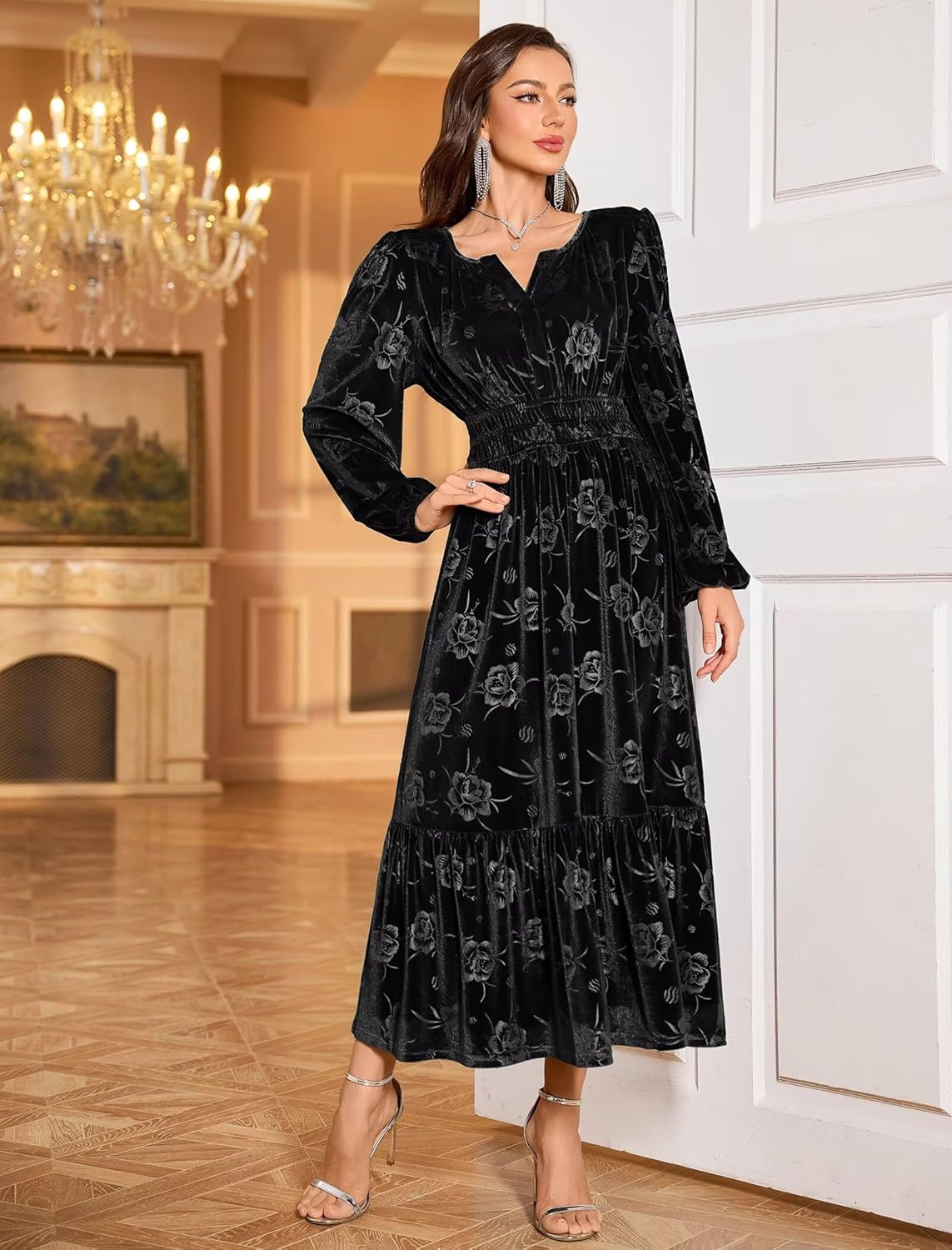 ZAFUL Fall Wedding Guest Dresses for Women Velvet Maxi Dress Long Sleeve V Neck Formal Cocktail Party Dresses Black M