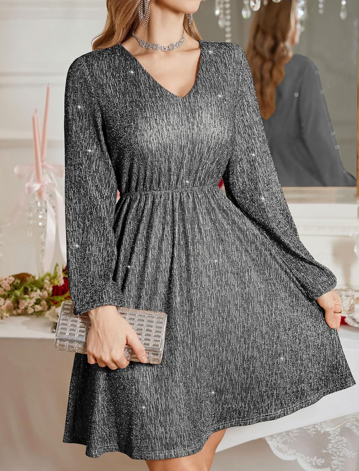 ZAFUL Holiday Long Sleeve Cocktail Dresses for Women 2025 Sexy Sequin Glitter Fall Short Casual V Neck Cocktail Party Club Prom Mini Dresses That Hides Belly Fat Silver X-Large