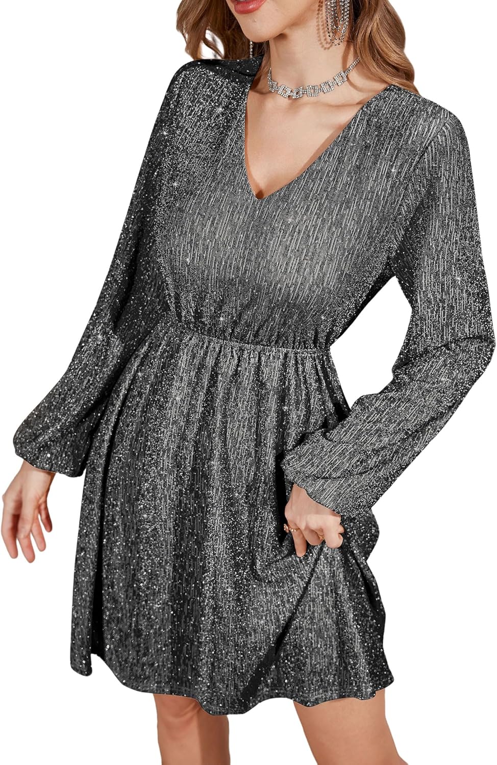 ZAFUL Holiday Long Sleeve Cocktail Dresses for Women 2025 Sexy Sequin Glitter Fall Short Casual V Neck Cocktail Party Club Prom Mini Dresses That Hides Belly Fat Silver X-Large