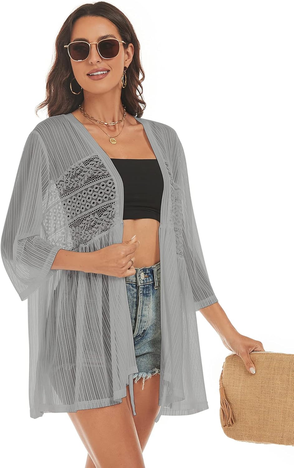 ZAFUL Kimonos for Women 3/4 Sleeve Loose Kimono Cardigan Open Front Beach Cover Up Grey L