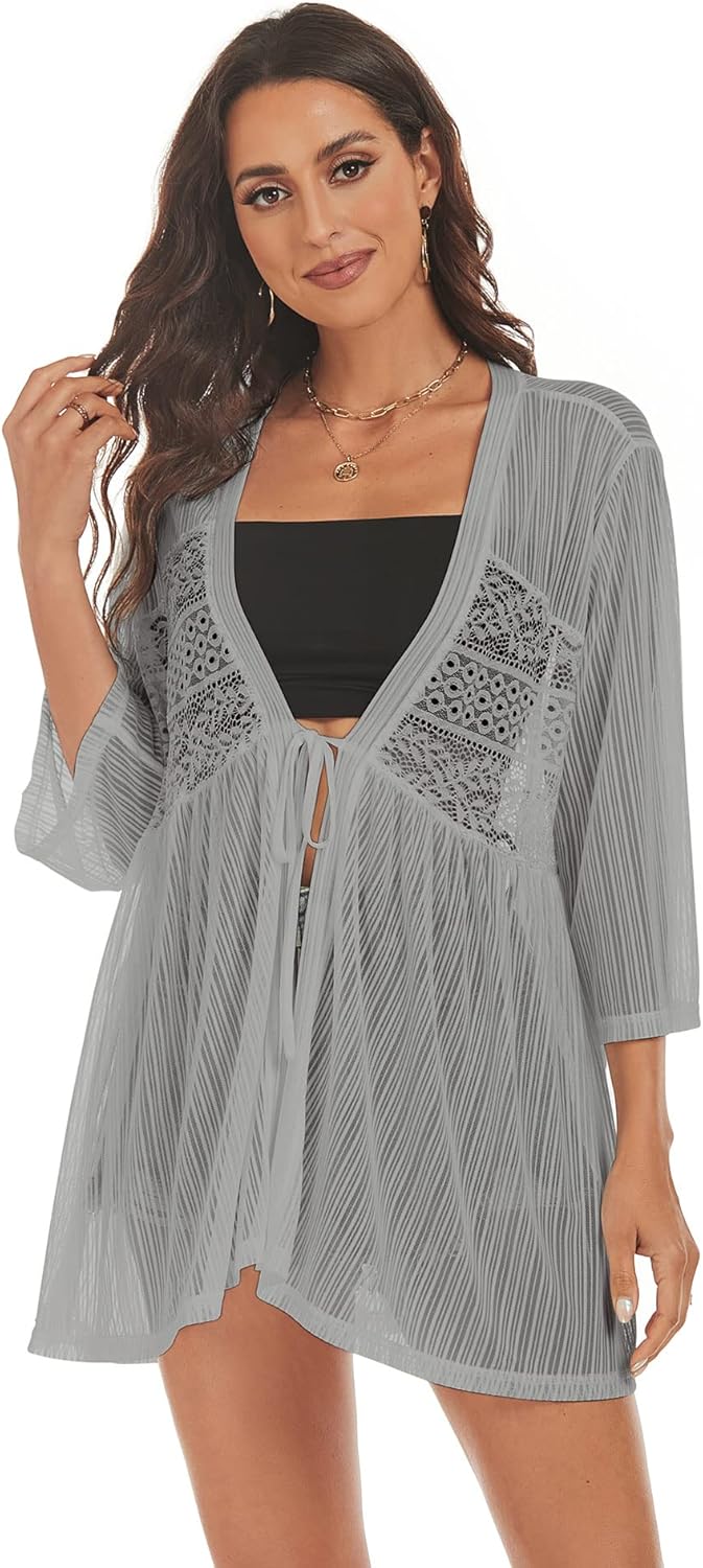 ZAFUL Kimonos for Women 3/4 Sleeve Loose Kimono Cardigan Open Front Beach Cover Up Grey L