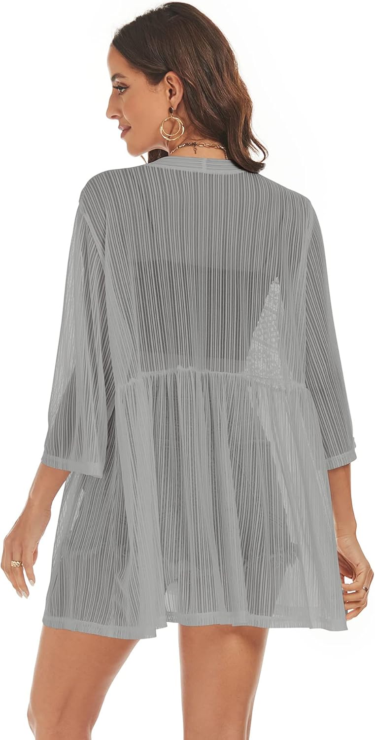 ZAFUL Kimonos for Women 3/4 Sleeve Loose Kimono Cardigan Open Front Beach Cover Up Grey L