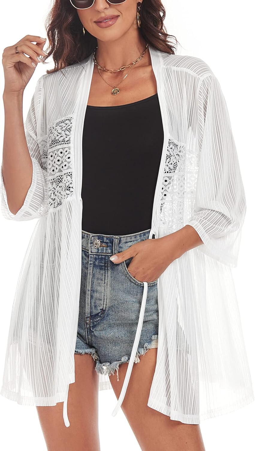 ZAFUL Kimonos for Women 3/4 Sleeve Loose Kimono Cardigan Open Front Beach Cover Up White S