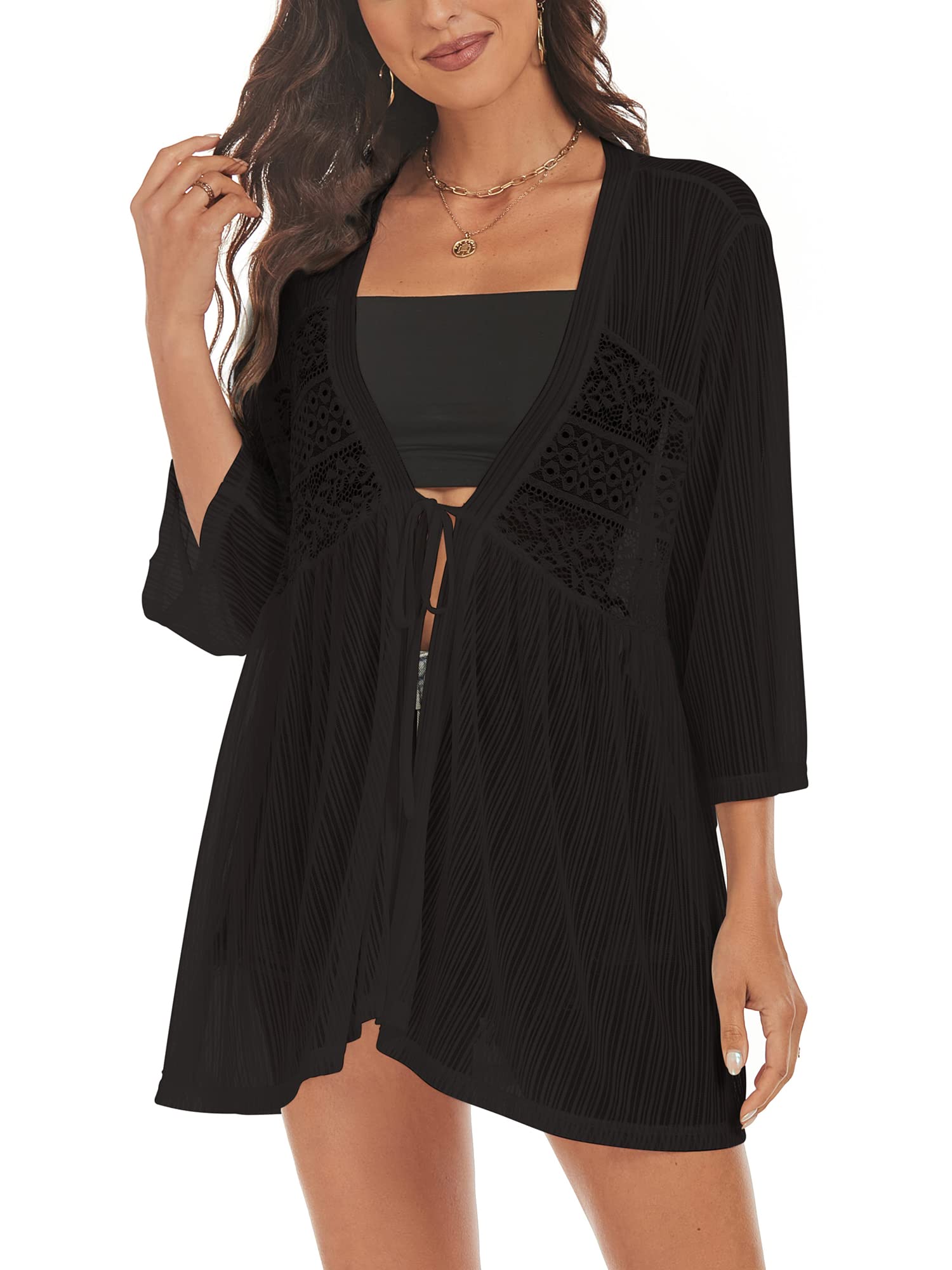 ZAFUL Lightweight Summer Cardigan for Women 3/4 Sleeve Bikini Cover Ups Strechy Crochet Knit Kimonos