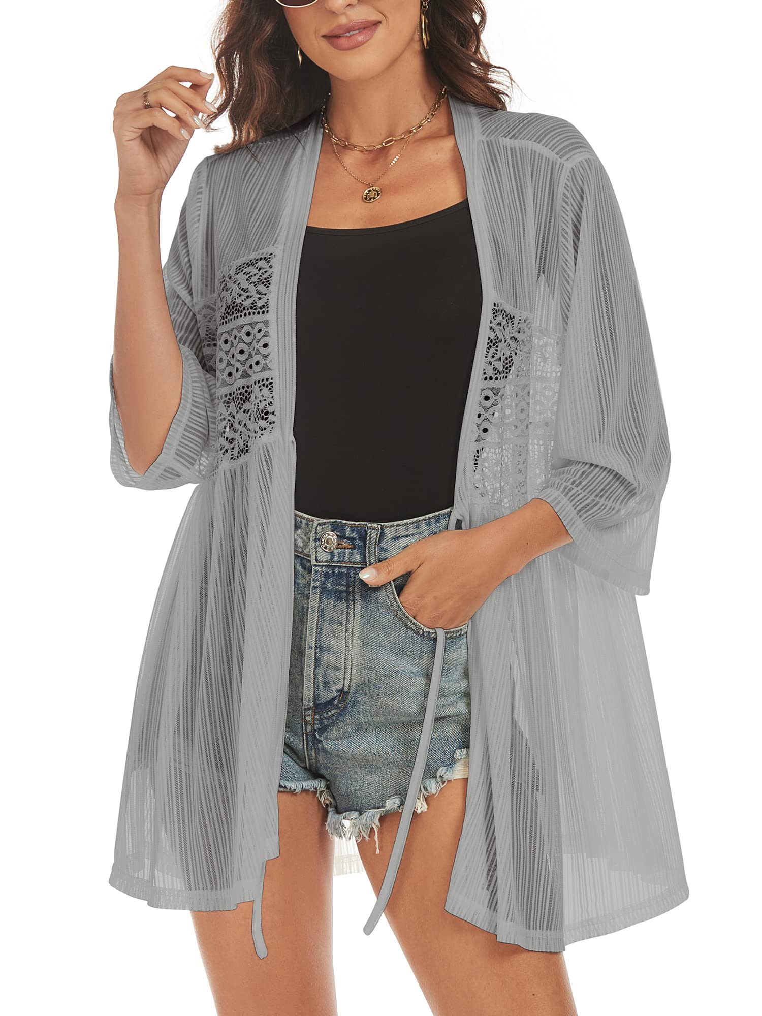 ZAFUL Lightweight Summer Cardigan for Women 3/4 Sleeve Bikini Cover Ups Strechy Crochet Knit Kimonos