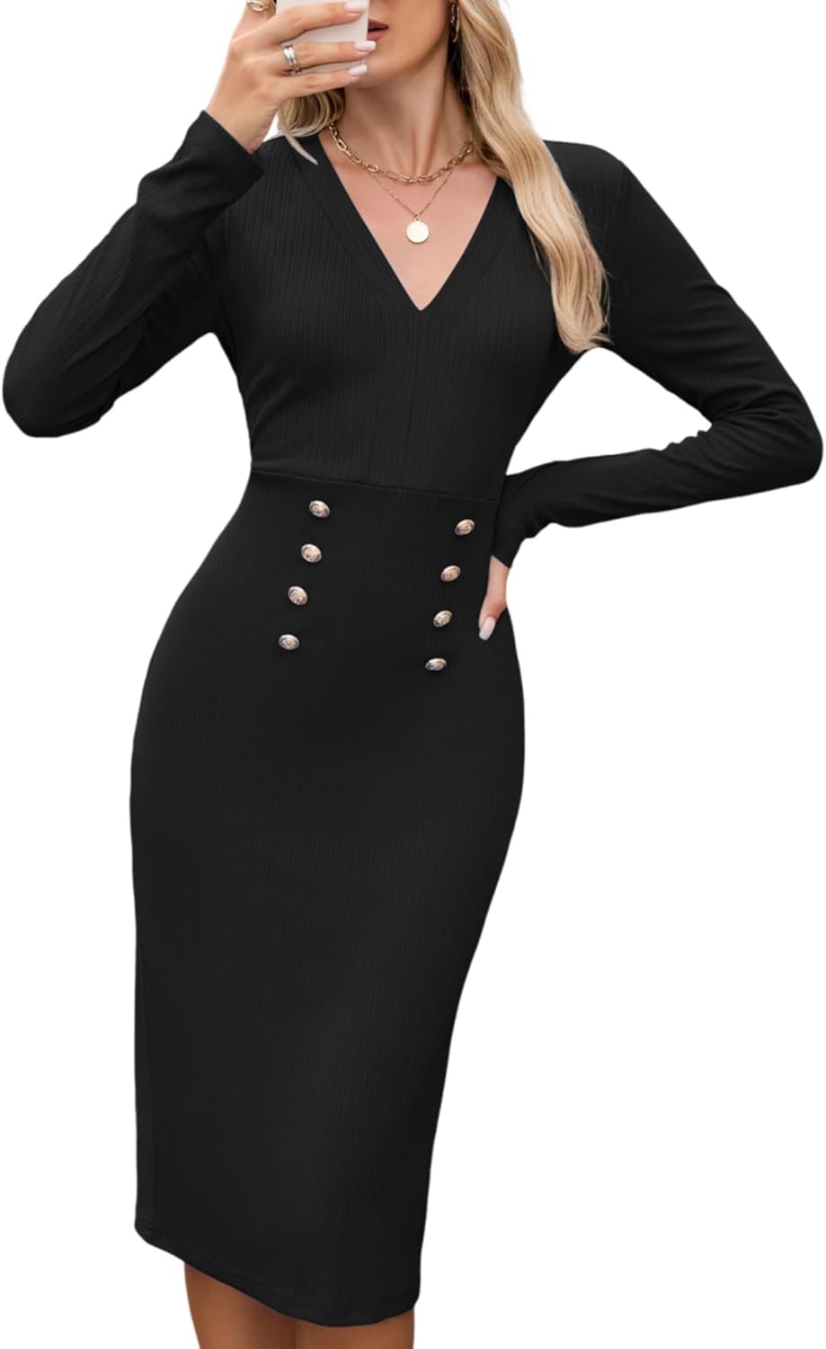ZAFUL Long Sleeve Bodycon Dress for Women Casual V Neck High Waist Sheath Dress Elegant Lightweight Semiformal Pencil Dresses(Black, M)