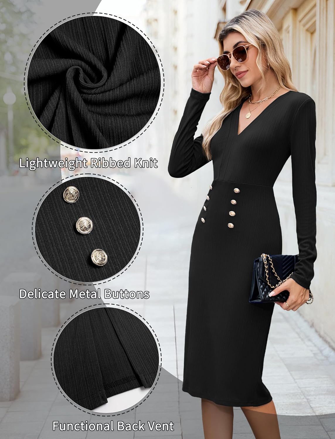 ZAFUL Long Sleeve Bodycon Dress for Women Casual V Neck High Waist Sheath Dress Elegant Lightweight Semiformal Pencil Dresses(Black, M)