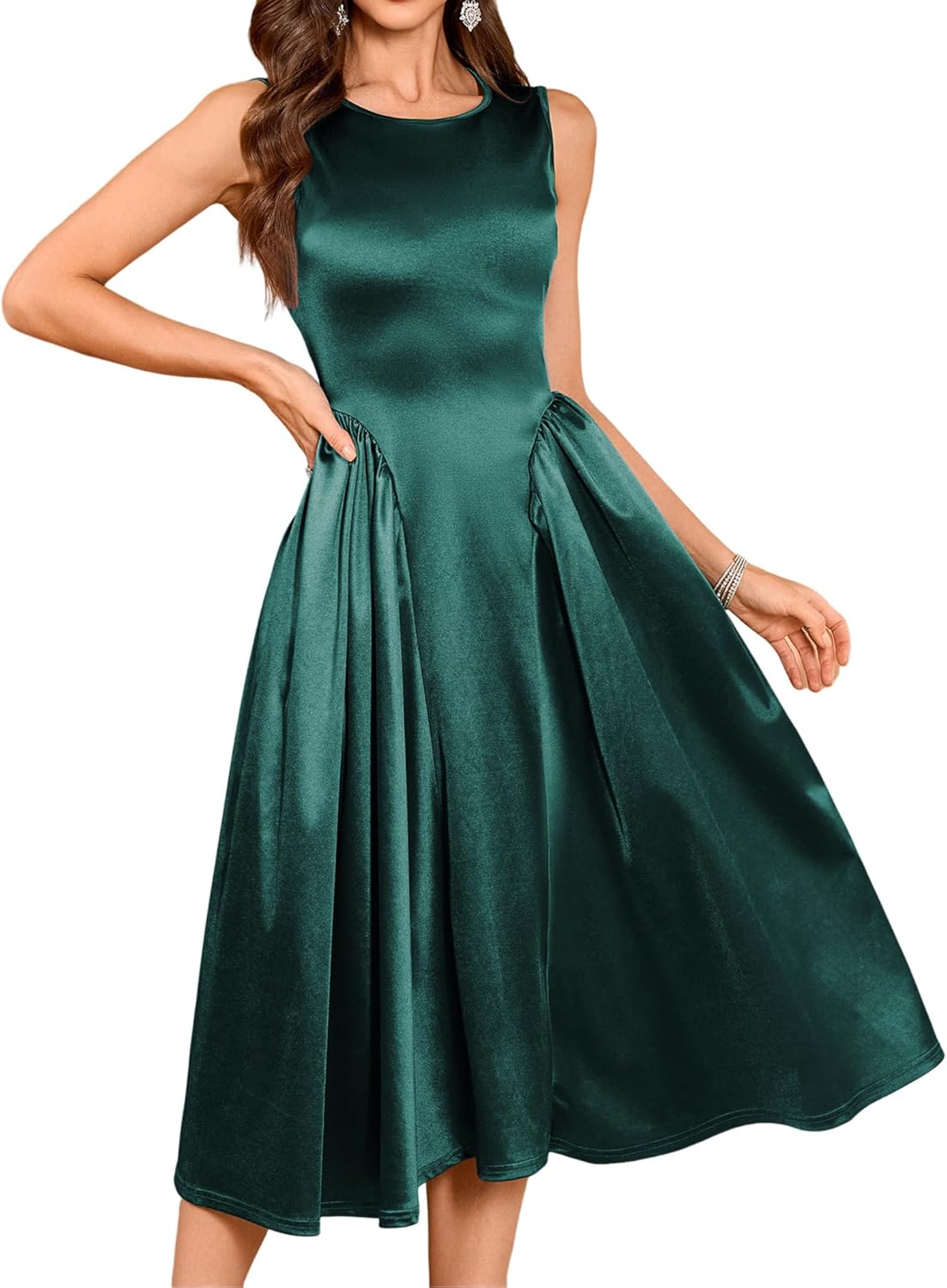 ZAFUL Satin Formal Dress for Women Sleeveless A Line Flowy Wedding Guest Dress Boat Neck Prom Cocktail Party Midi Dresses