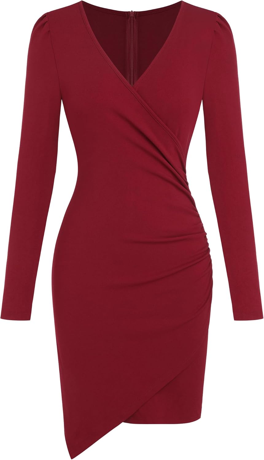 ZAFUL Women 2025 Sexy V Neck Long Sleeve Faux Wrap Dress Sheath Ruched Bodycon Party Work Cocktail Midi Dresses