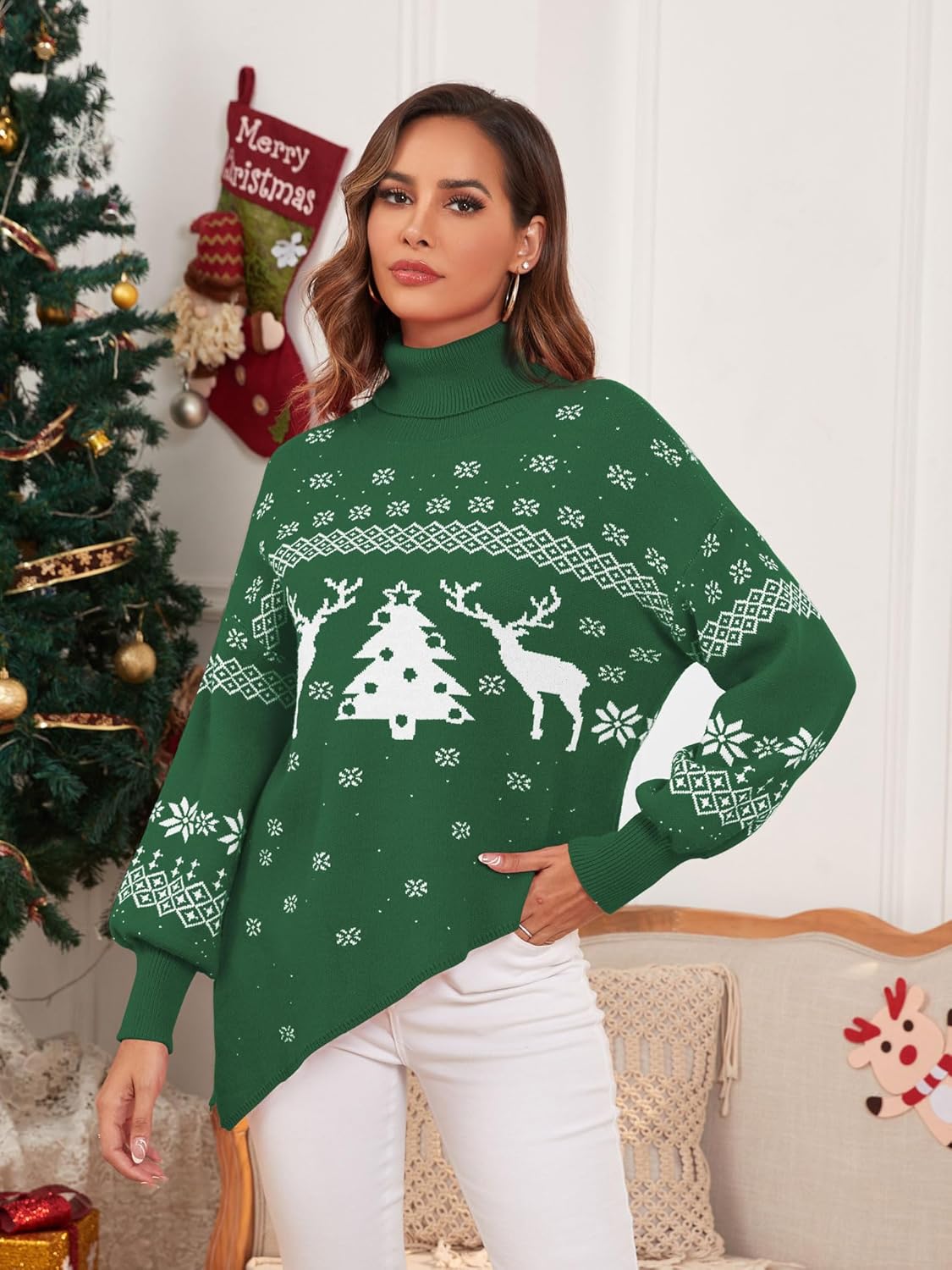 ZAFUL Women Christmas Sweater Oversized Pullover Sweaters Casual Loose Long Sleeve Knit Tops