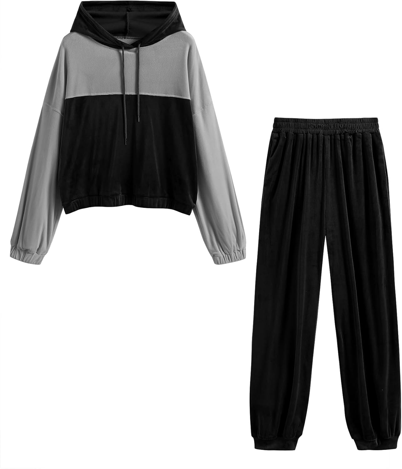 ZAFUL Womens 2 Piece Sweatsuit Outfits Velour Color Block Hoodies and Drawstring Pants Tracksuit Lounge Set with Pockets