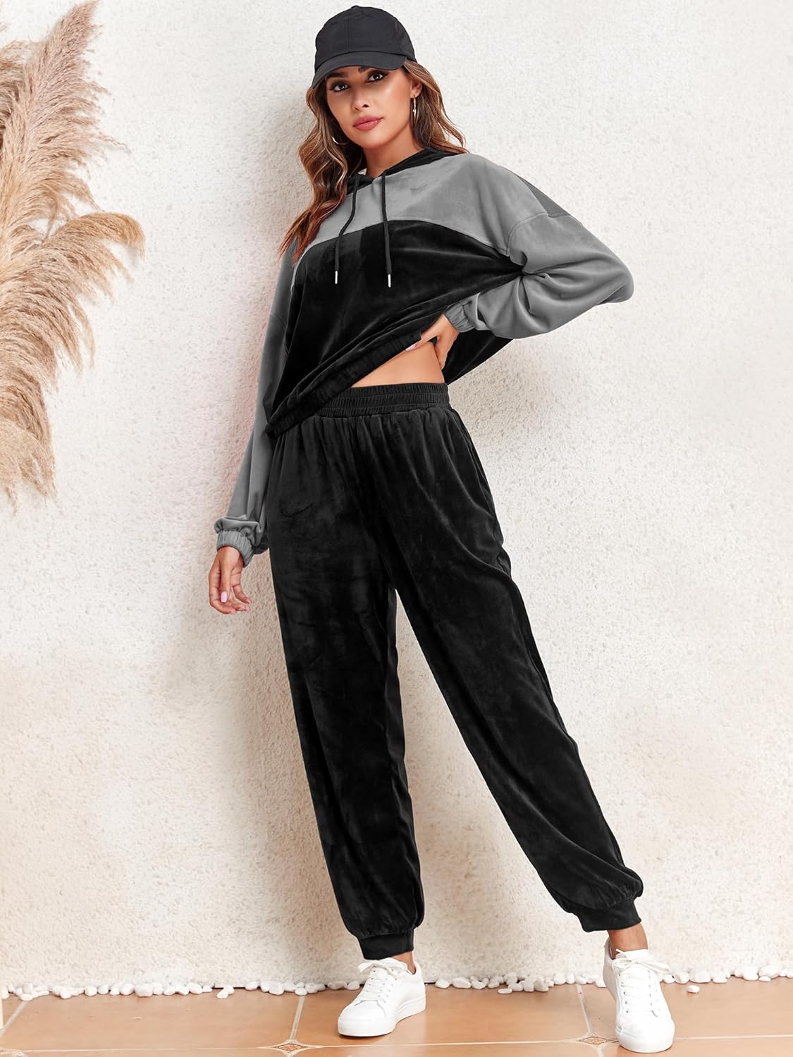 ZAFUL Womens 2 Piece Sweatsuit Outfits Velour Color Block Hoodies and Drawstring Pants Tracksuit Lounge Set with Pockets
