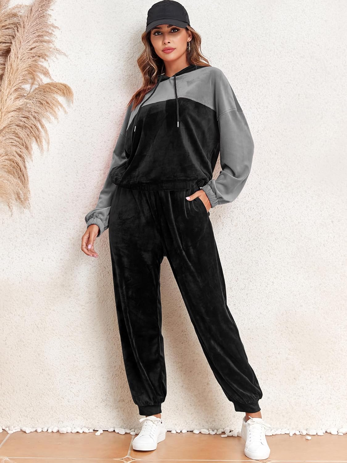 ZAFUL Womens 2 Piece Sweatsuit Outfits Velour Color Block Hoodies and Drawstring Pants Tracksuit Lounge Set with Pockets