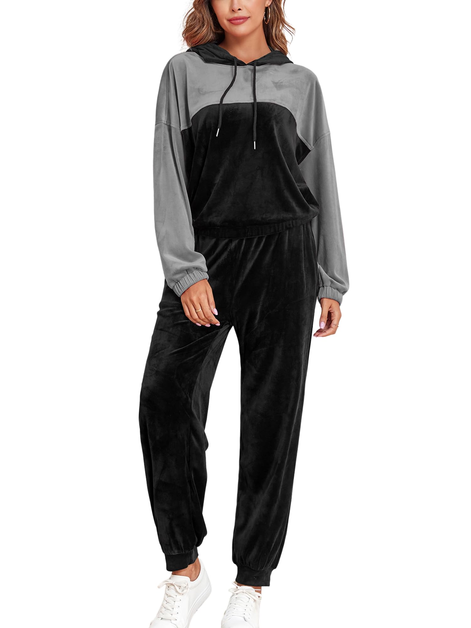 ZAFUL Womens 2 Piece Sweatsuit Outfits Velour Color Block Hoodies and Drawstring Pants Tracksuit Lounge Set with Pockets