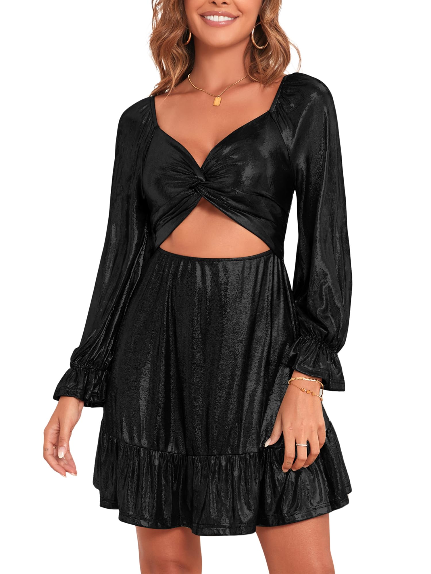 ZAFUL Women's 2023 Long Sleeve V Neck Mini Dress Smoked Back Glitter Christmas Cocktail Party Evening Dress with Ruffles Hem