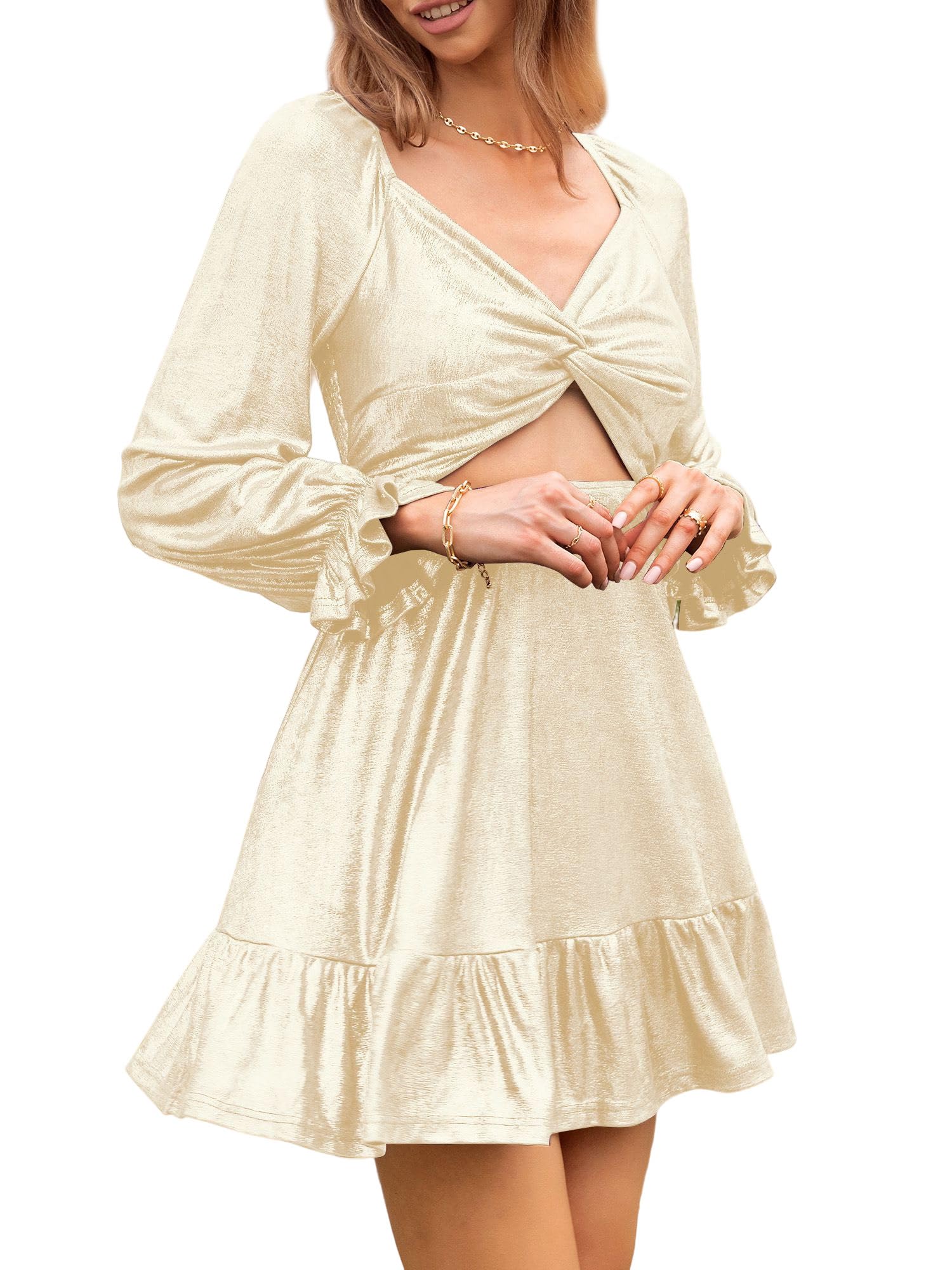 ZAFUL Women's 2023 Long Sleeve V Neck Mini Dress Smoked Back Glitter Christmas Cocktail Party Evening Dress with Ruffles Hem