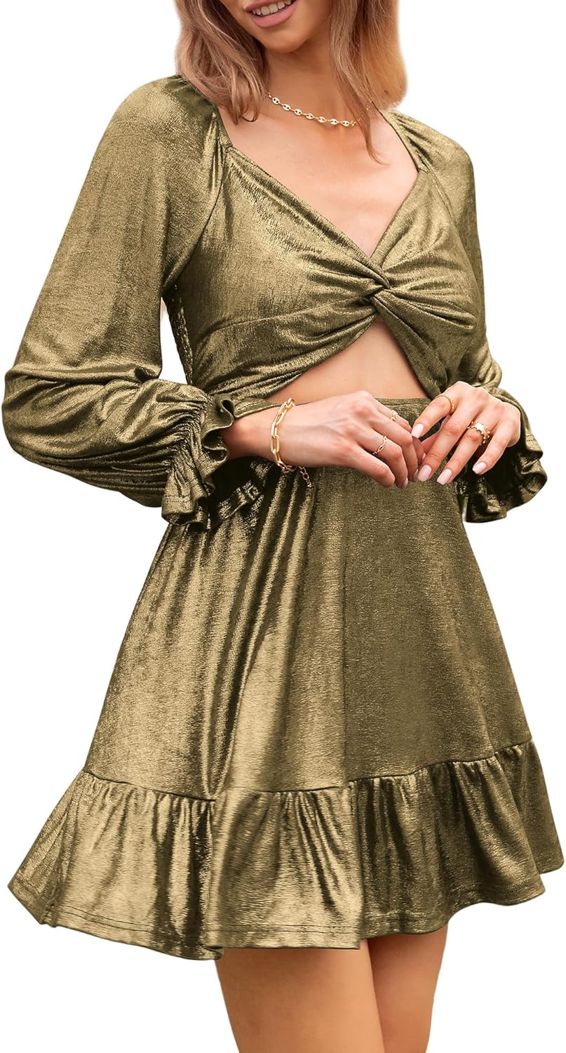 ZAFUL Women's 2023 Long Sleeve V Neck Mini Dress Smoked Back Glitter Christmas Cocktail Party Evening Dress with Ruffles Hem