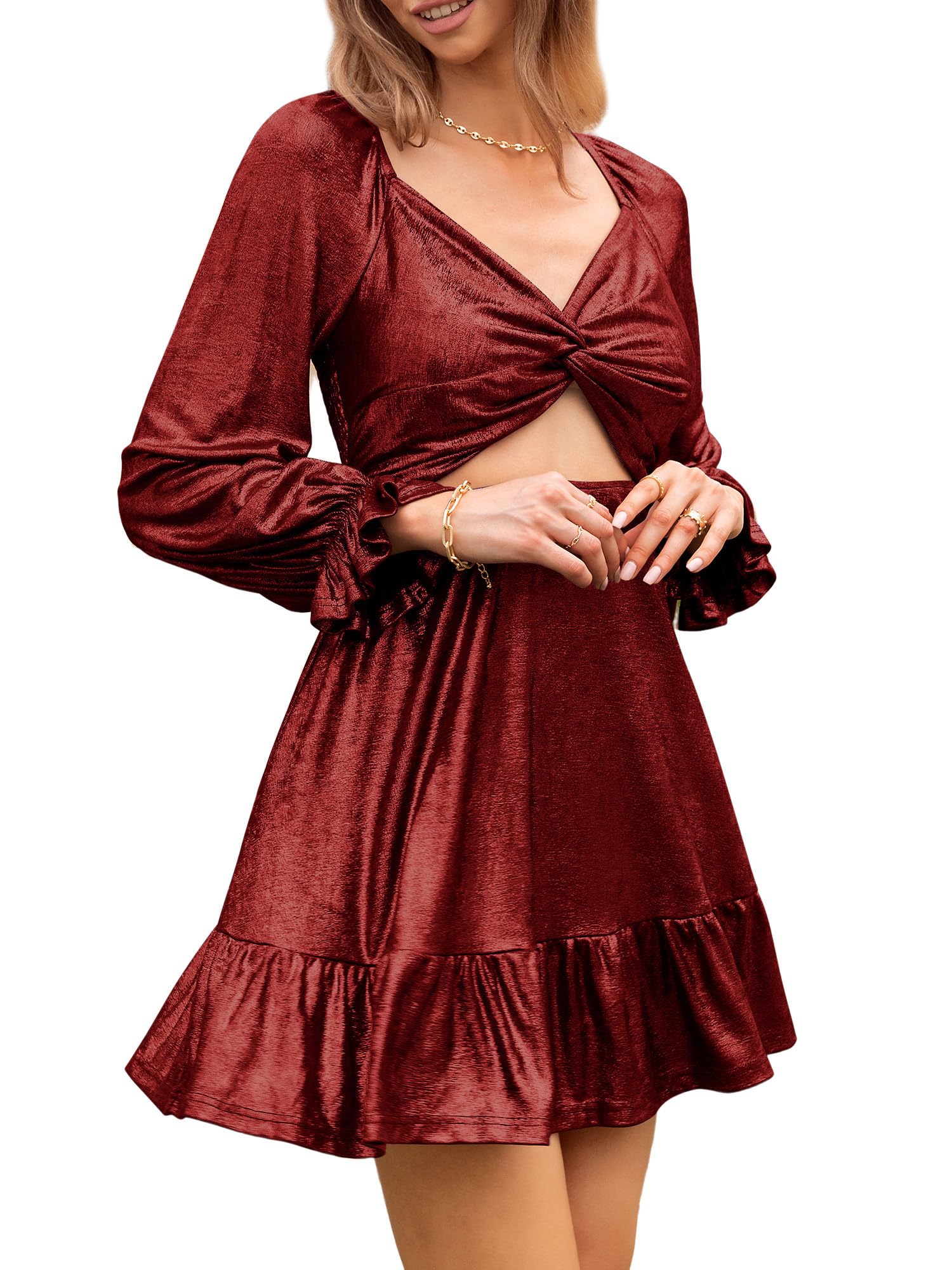 ZAFUL Women's 2023 Long Sleeve V Neck Mini Dress Smoked Back Glitter Christmas Cocktail Party Evening Dress with Ruffles Hem