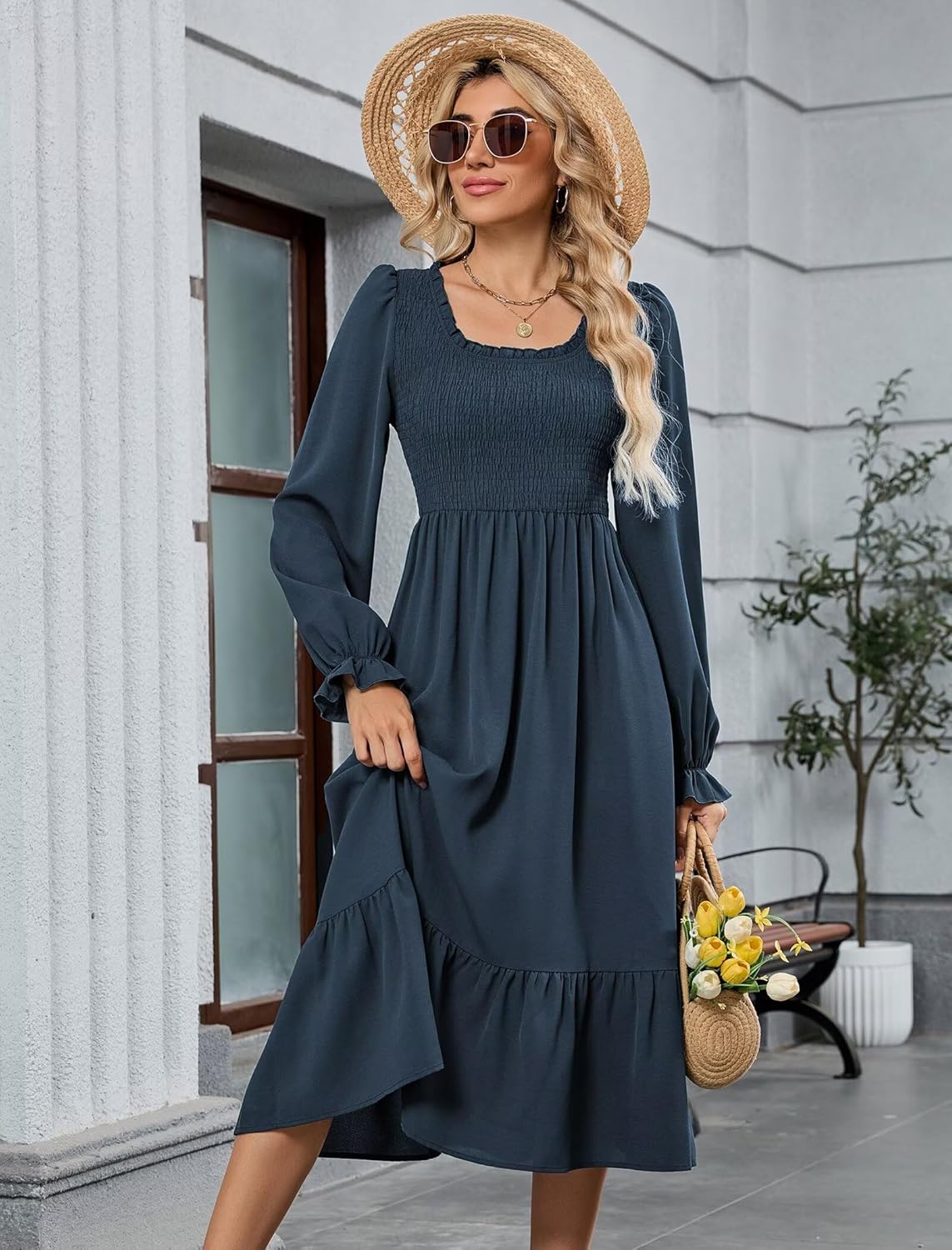 ZAFUL Womens 2025 Fall Square Neck Smocked Dresses Long Puff Sleeve Casual Flowy A Line Tiered Midi Dress