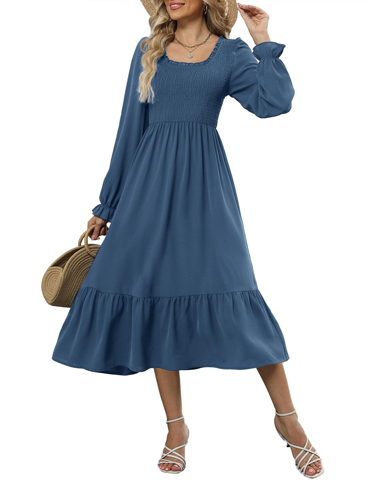 ZAFUL Womens 2025 Fall Square Neck Smocked Dresses Long Puff Sleeve Casual Flowy A Line Tiered Midi Dress