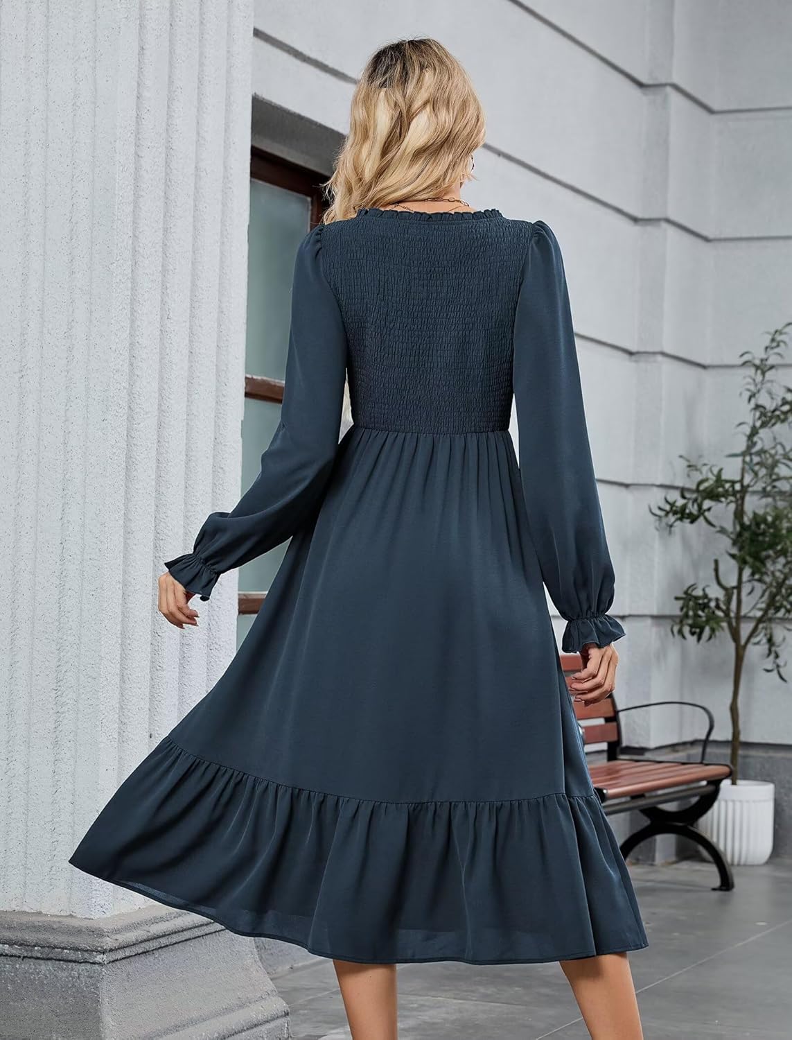 ZAFUL Womens 2025 Fall Square Neck Smocked Dresses Long Puff Sleeve Casual Flowy A Line Tiered Midi Dress