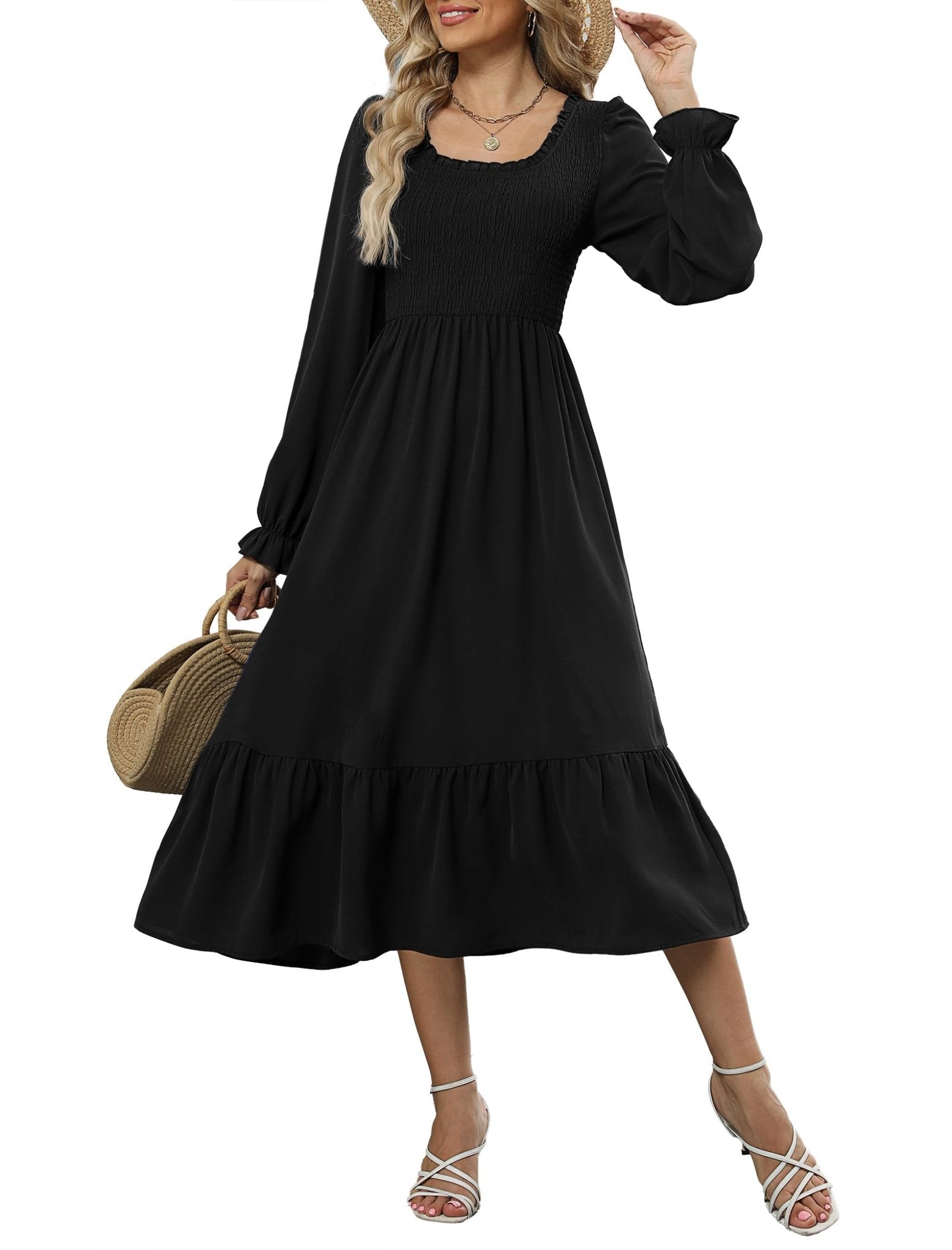 ZAFUL Womens 2025 Fall Square Neck Smocked Dresses Long Puff Sleeve Casual Flowy A Line Tiered Midi Dress