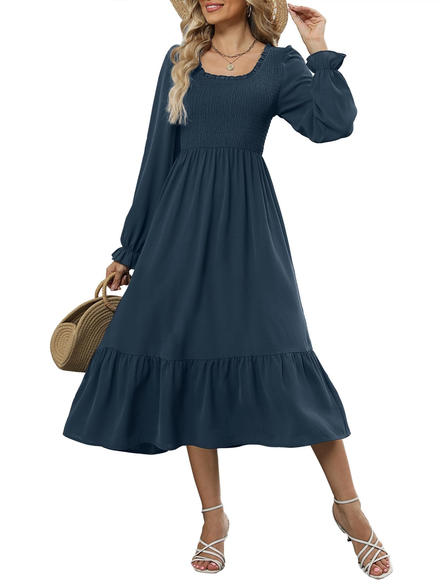 ZAFUL Womens 2025 Fall Square Neck Smocked Dresses Long Puff Sleeve Casual Flowy A Line Tiered Midi Dress