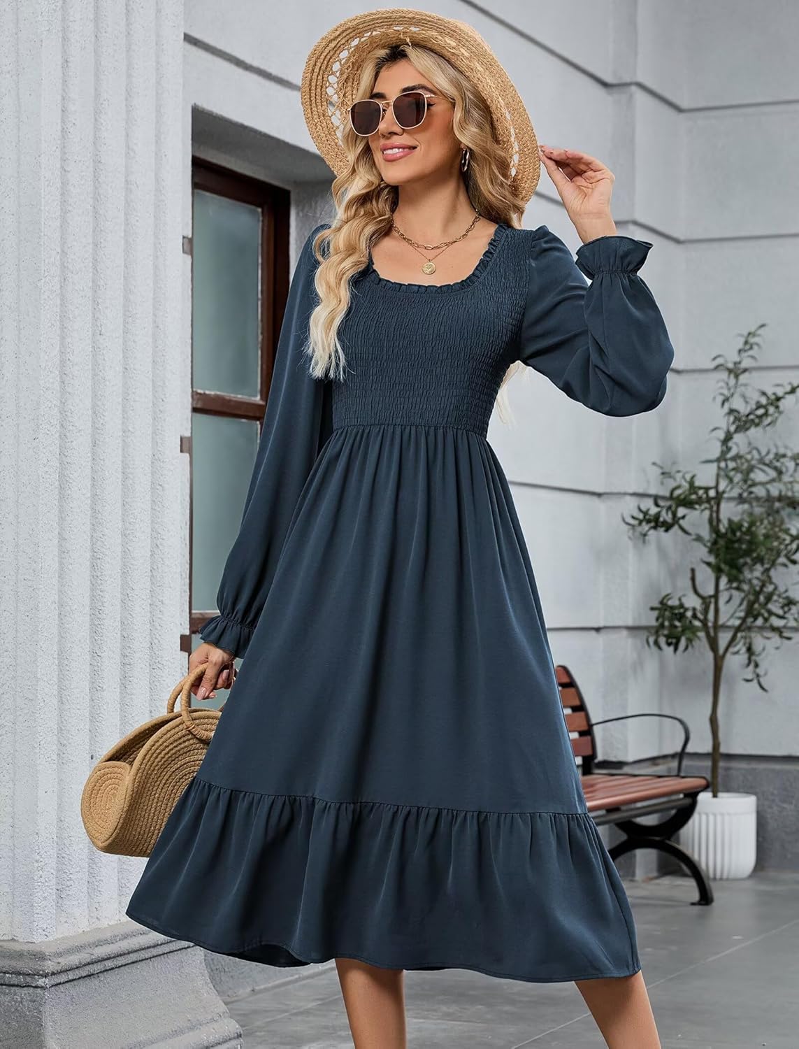 ZAFUL Womens 2025 Fall Square Neck Smocked Dresses Long Puff Sleeve Casual Flowy A Line Tiered Midi Dress