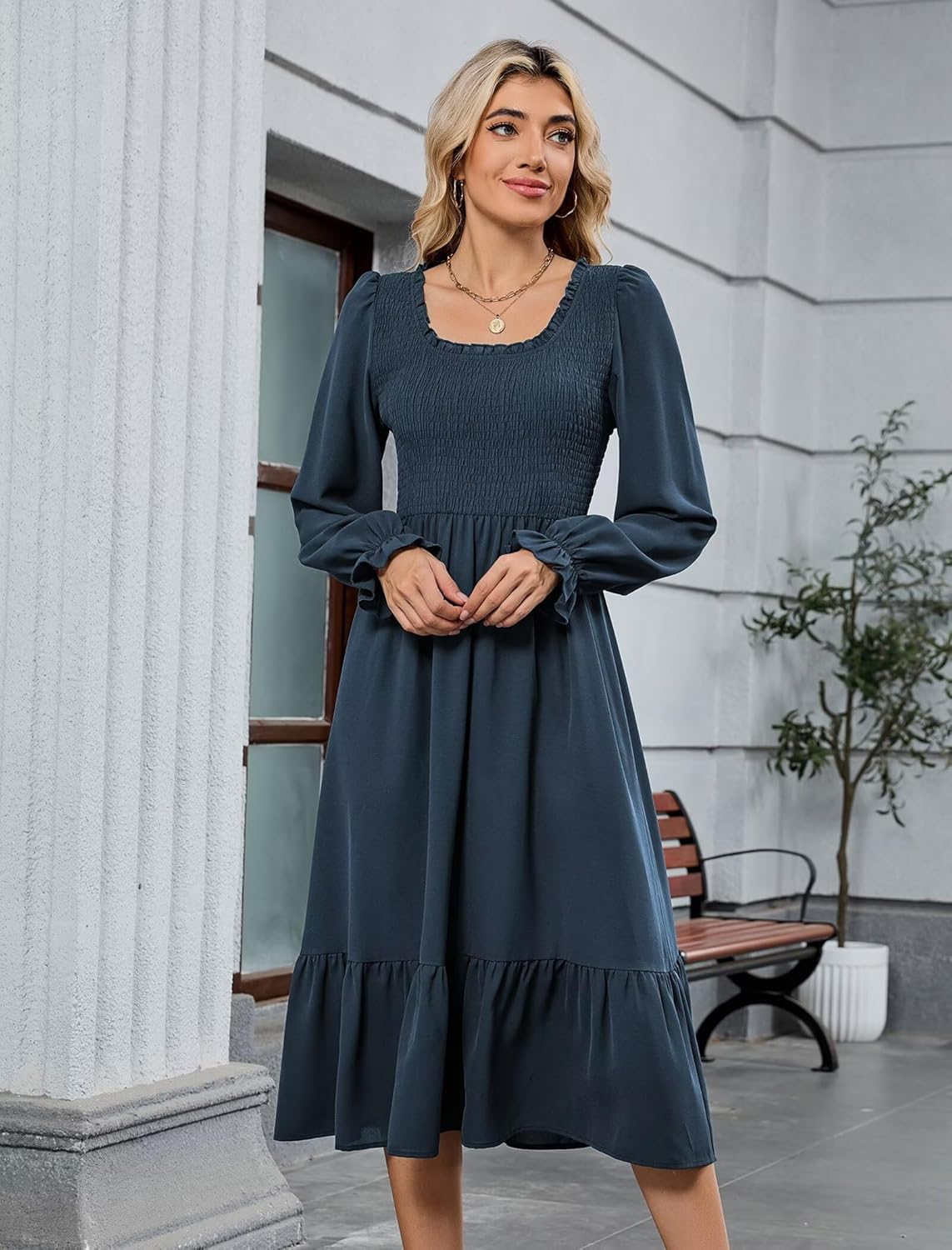 ZAFUL Womens 2025 Fall Square Neck Smocked Dresses Long Puff Sleeve Casual Flowy A Line Tiered Midi Dress