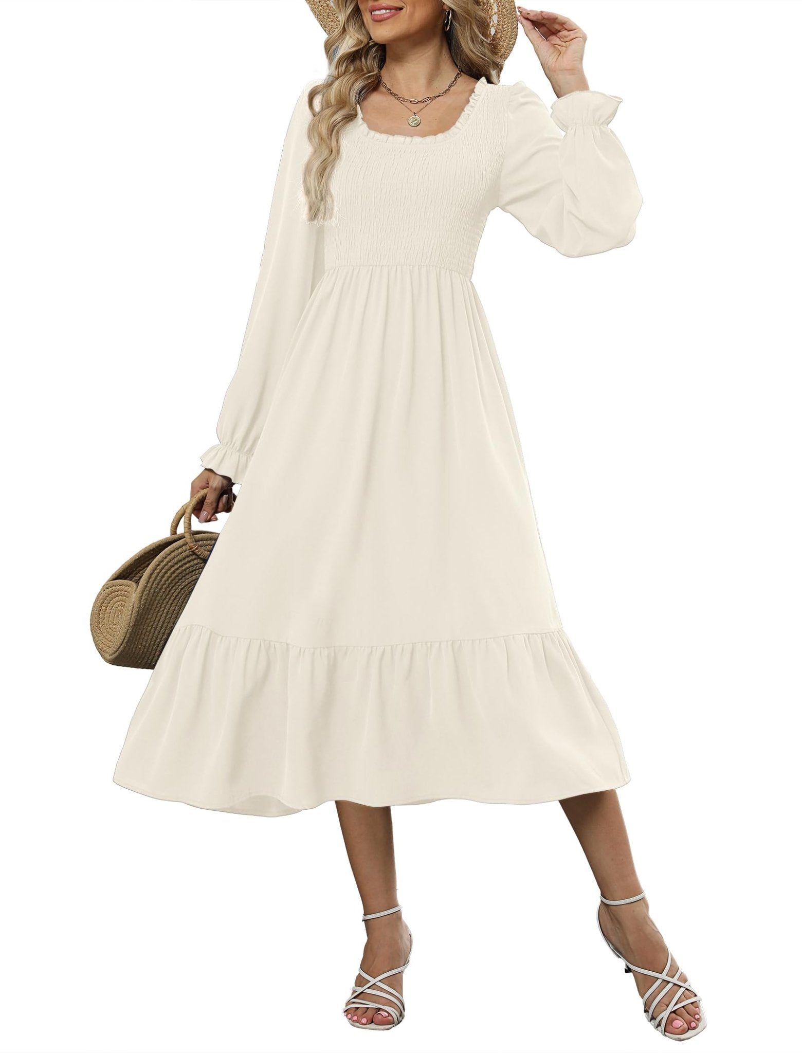 ZAFUL Womens 2025 Fall Square Neck Smocked Dresses Long Puff Sleeve Casual Flowy A Line Tiered Midi Dress