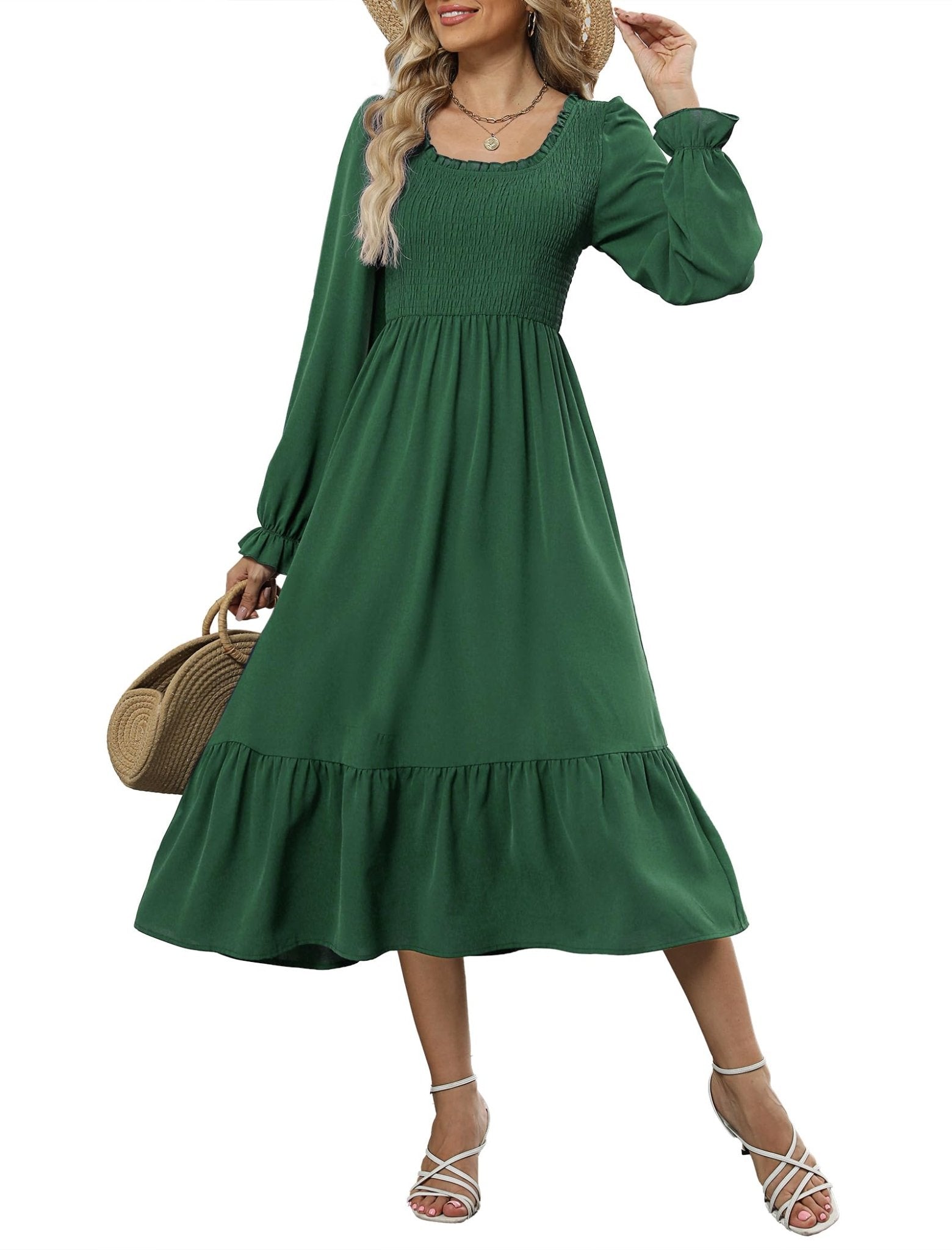 ZAFUL Womens 2025 Fall Square Neck Smocked Dresses Long Puff Sleeve Casual Flowy A Line Tiered Midi Dress
