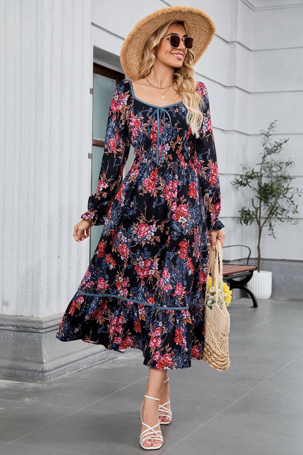 ZAFUL Women's 2025 Long Sleeve Square Neck Fall Boho Floral Midi Dress High Waist Flowy A Line Tiered Wedding Guest Dresses