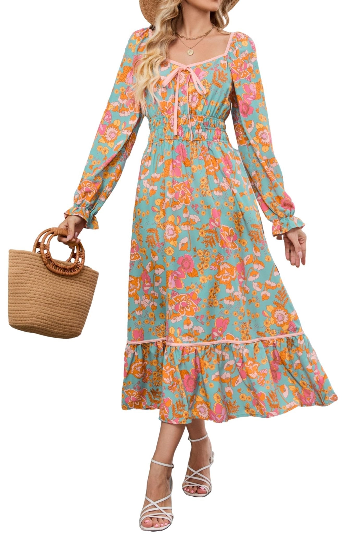 ZAFUL Women's 2025 Long Sleeve Square Neck Fall Boho Floral Midi Dress High Waist Flowy A Line Tiered Wedding Guest Dresses