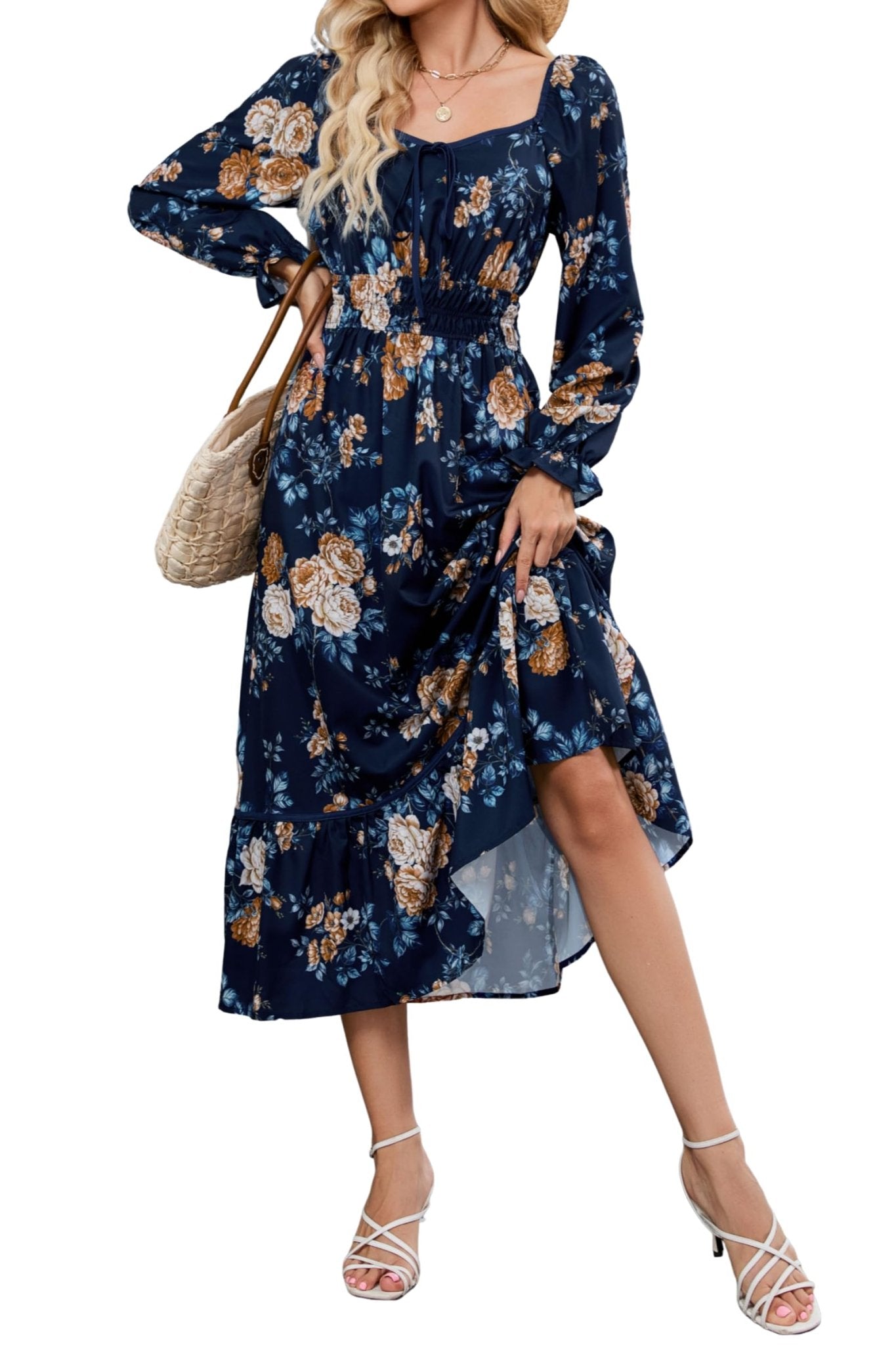 ZAFUL Women's 2025 Long Sleeve Square Neck Fall Boho Floral Midi Dress High Waist Flowy A Line Tiered Wedding Guest Dresses