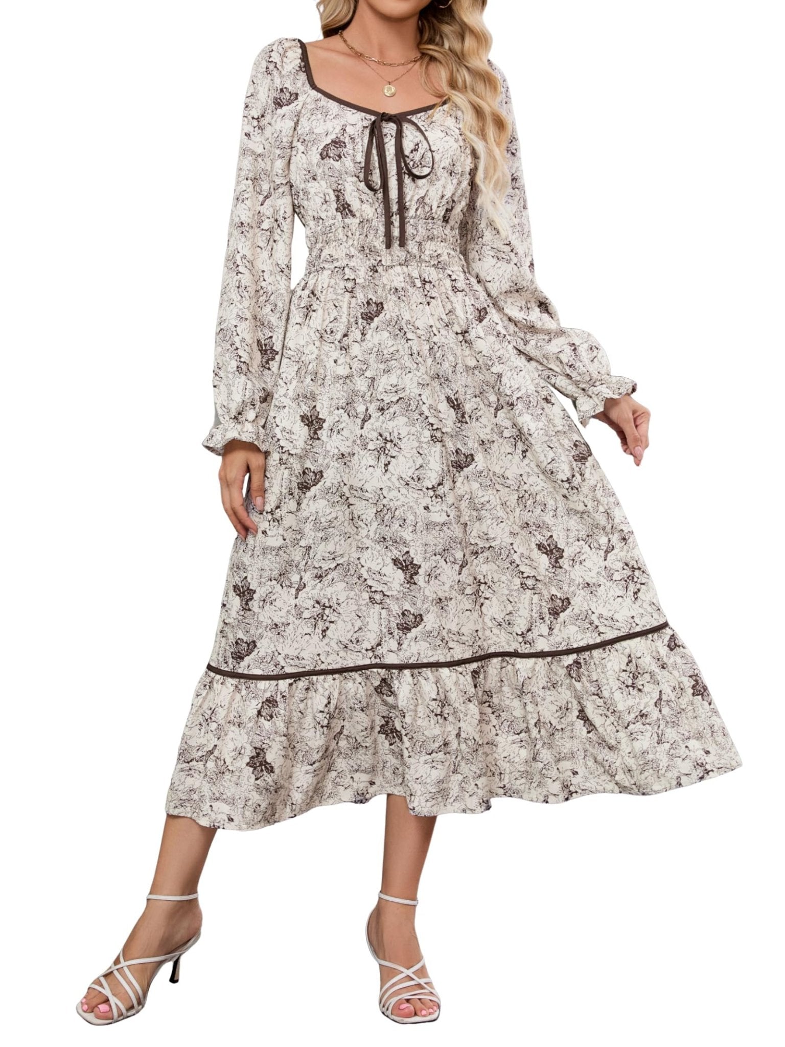 ZAFUL Women's 2025 Long Sleeve Square Neck Fall Boho Floral Midi Dress High Waist Flowy A Line Tiered Wedding Guest Dresses