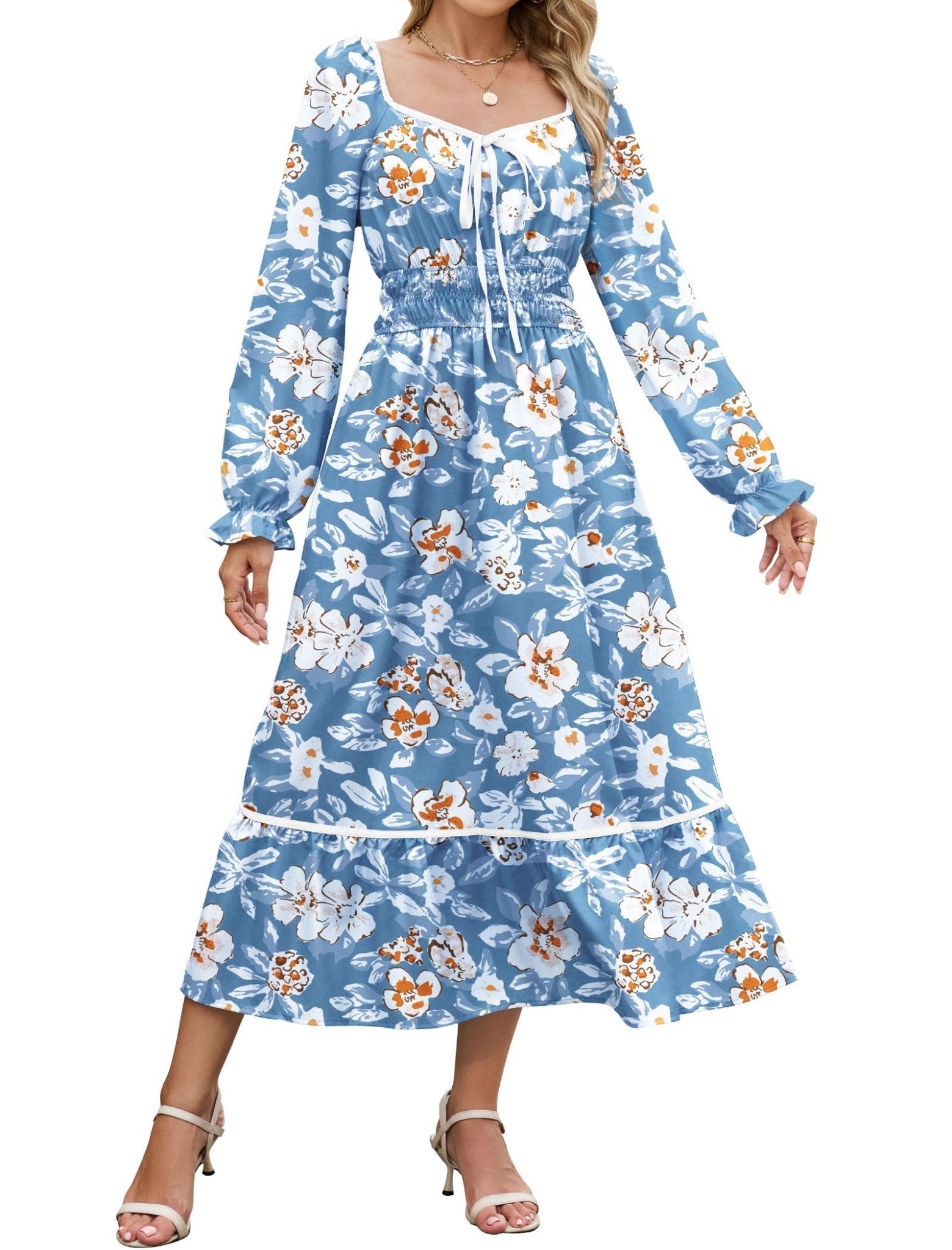 ZAFUL Women's 2025 Long Sleeve Square Neck Fall Boho Floral Midi Dress High Waist Flowy A Line Tiered Wedding Guest Dresses