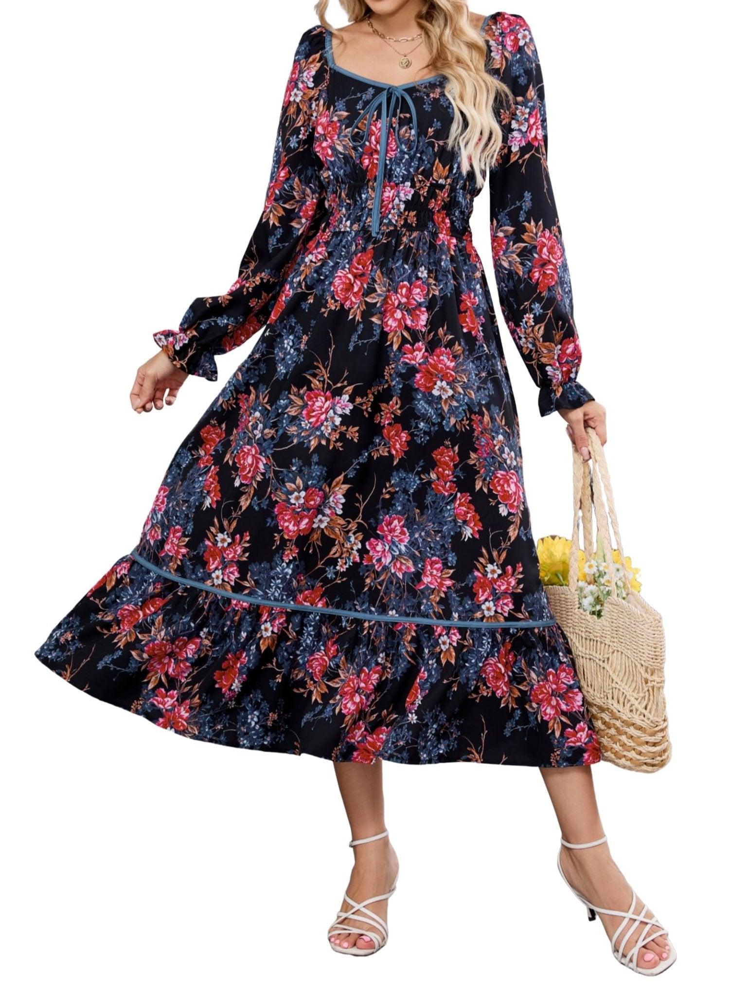 ZAFUL Women's 2025 Long Sleeve Square Neck Fall Boho Floral Midi Dress High Waist Flowy A Line Tiered Wedding Guest Dresses
