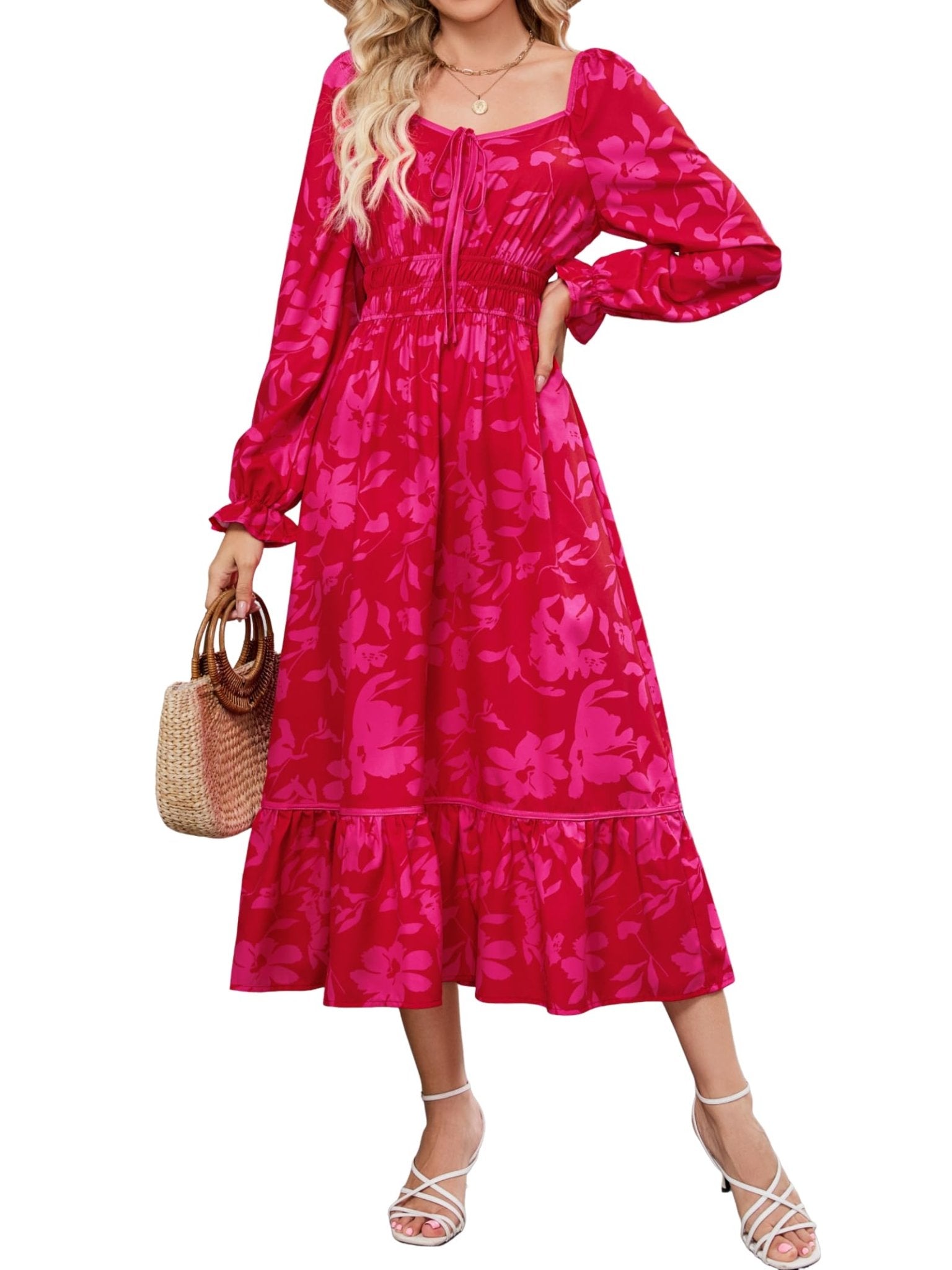 ZAFUL Women's 2025 Long Sleeve Square Neck Fall Boho Floral Midi Dress High Waist Flowy A Line Tiered Wedding Guest Dresses