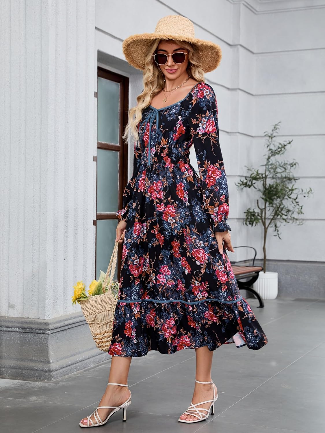 ZAFUL Women's 2025 Long Sleeve Square Neck Fall Boho Floral Midi Dress High Waist Flowy A Line Tiered Wedding Guest Dresses