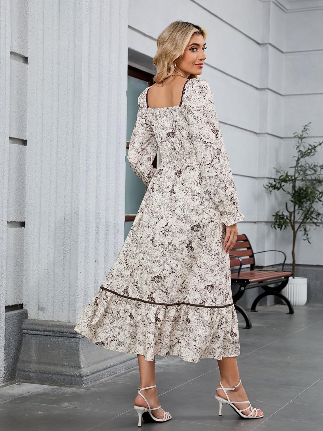 ZAFUL Women's 2025 Long Sleeve Square Neck Fall Boho Floral Midi Dress High Waist Flowy A Line Tiered Wedding Guest Dresses White Brown Small