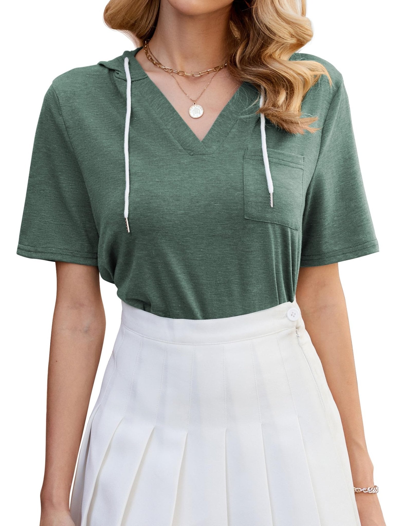 ZAFUL Womens Basic Casual V Neck Hoodie Tunic with Pocket Cotton Cuffed Short Sleeve Work Tops Blouses Shirts