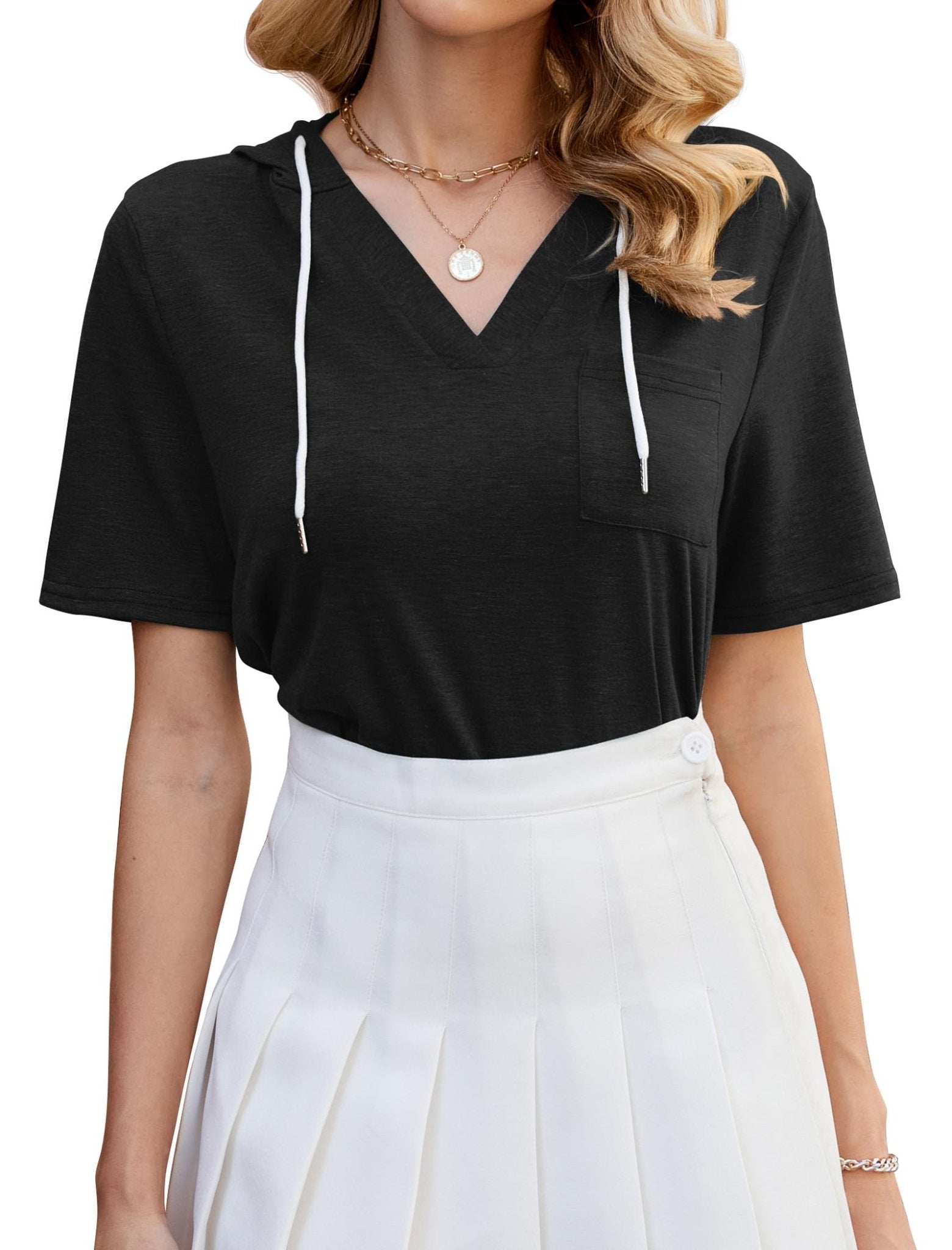 ZAFUL Womens Basic Casual V Neck Hoodie Tunic with Pocket Cotton Cuffed Short Sleeve Work Tops Blouses Shirts