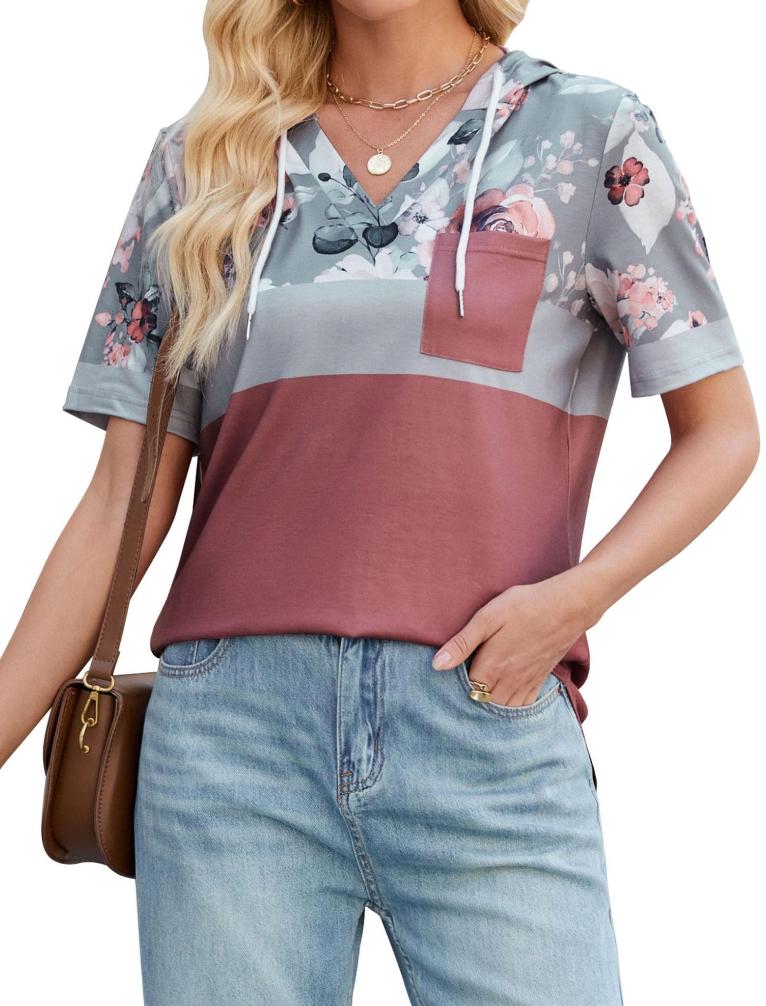 ZAFUL Womens Basic Casual V Neck Hoodie Tunic with Pocket Cotton Cuffed Short Sleeve Work Tops Blouses Shirts